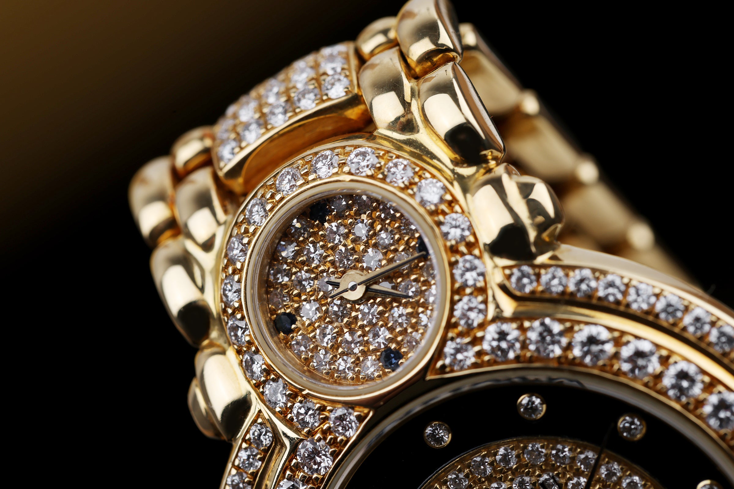 DeLaneau Triple Dial Triple Timezone Wristwatch | Pavé Diamond Dial, Bezel & Bracelet | 33mm | 18k Yellow Gold | Quartz