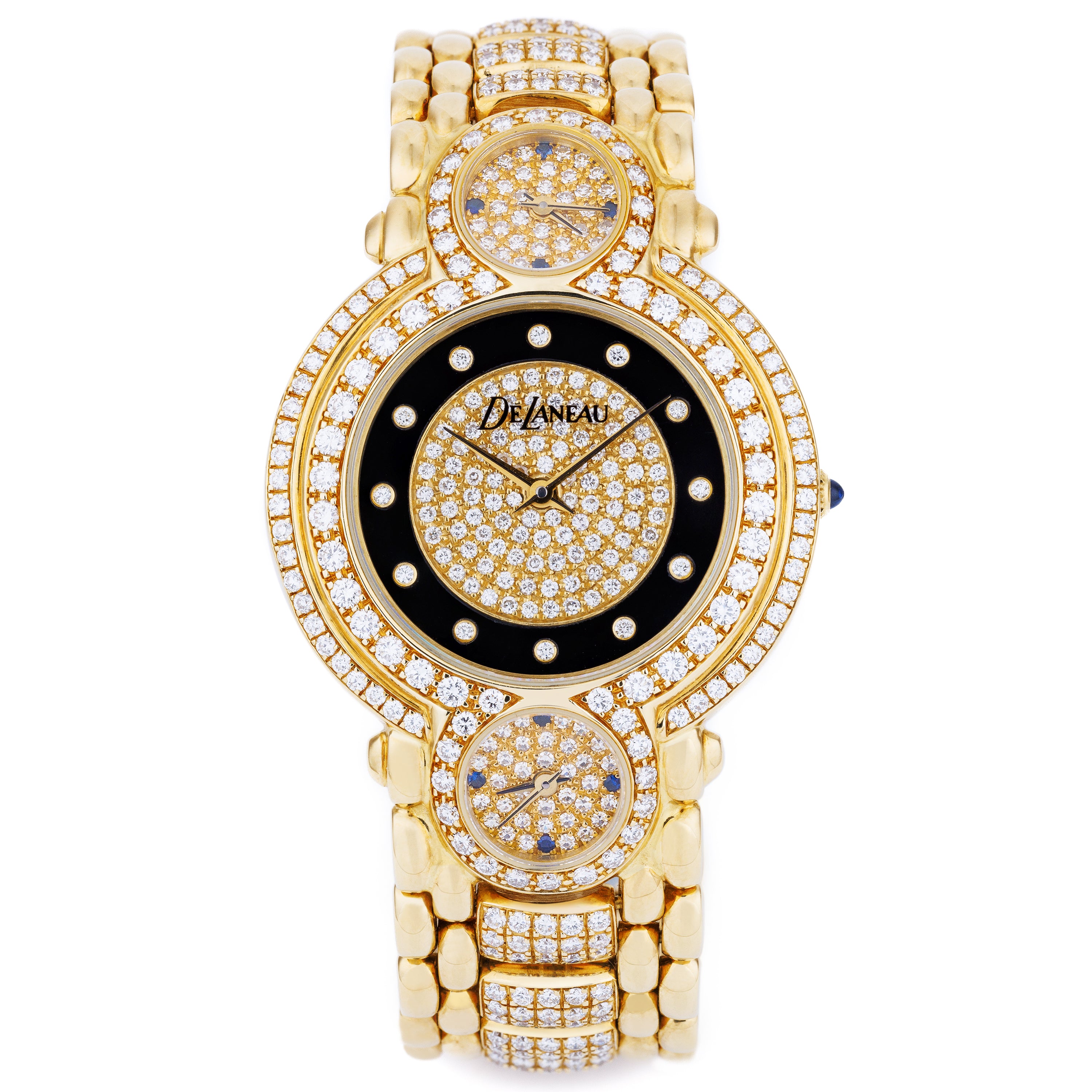 DeLaneau Triple Dial Triple Timezone Wristwatch | Pavé Diamond Dial, Bezel & Bracelet | 33mm | 18k Yellow Gold | Quartz