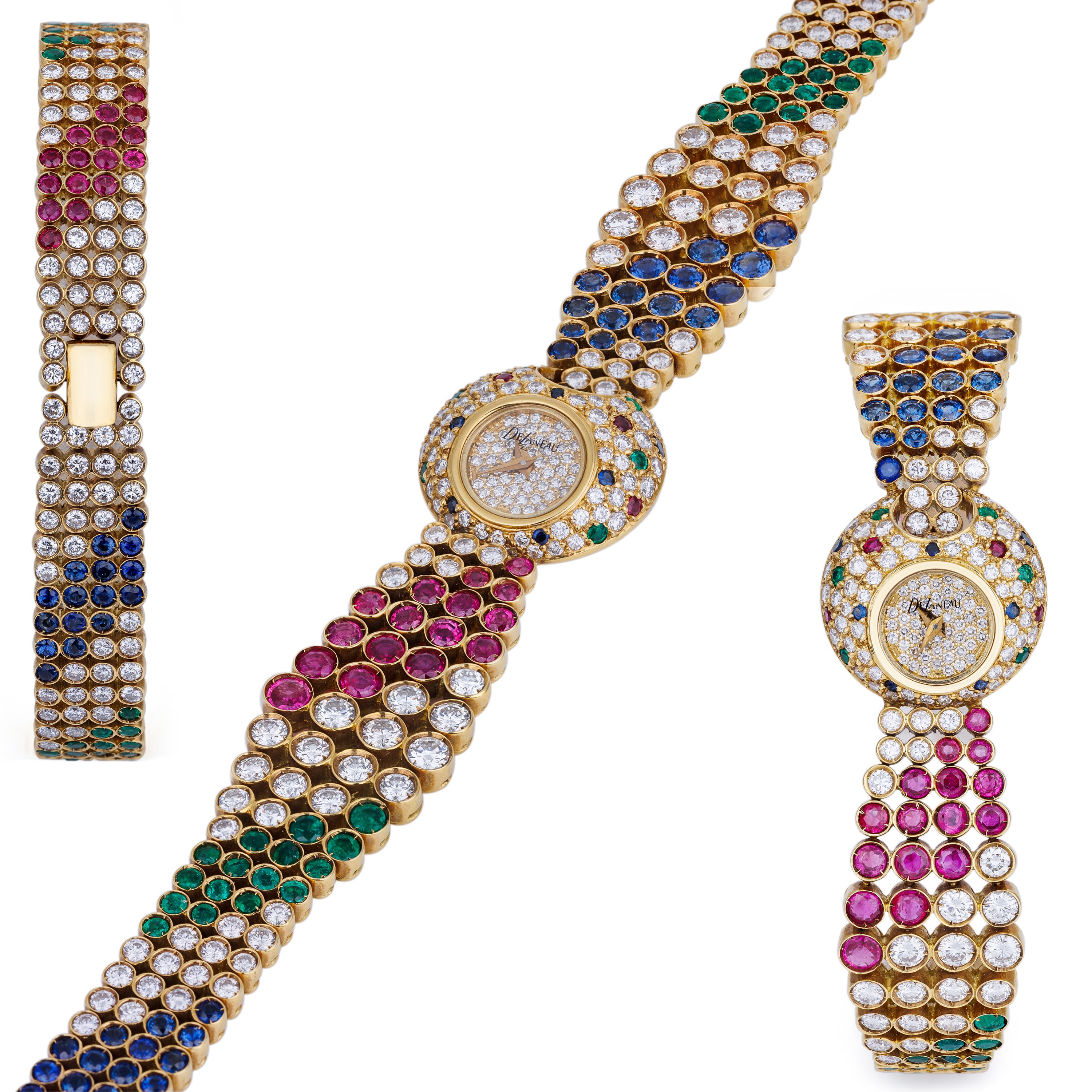 DeLaneau Ladies 1990's Watch | Diamond, Ruby, Sapphire & Emerald | 20.5mm | 18k Yellow Gold