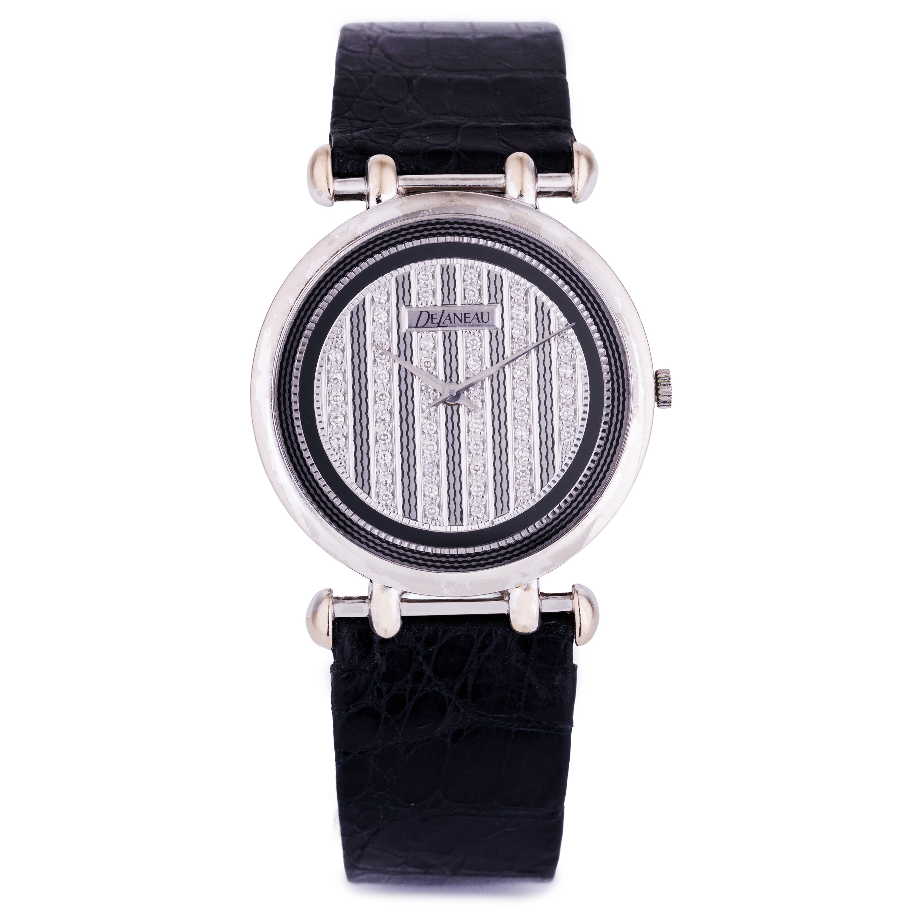 DeLaneau Vintage Ladies Watch | Pavé Diamond & Gold Engraved Dial | 18k White Gold | Quartz | 30mm | 1990s