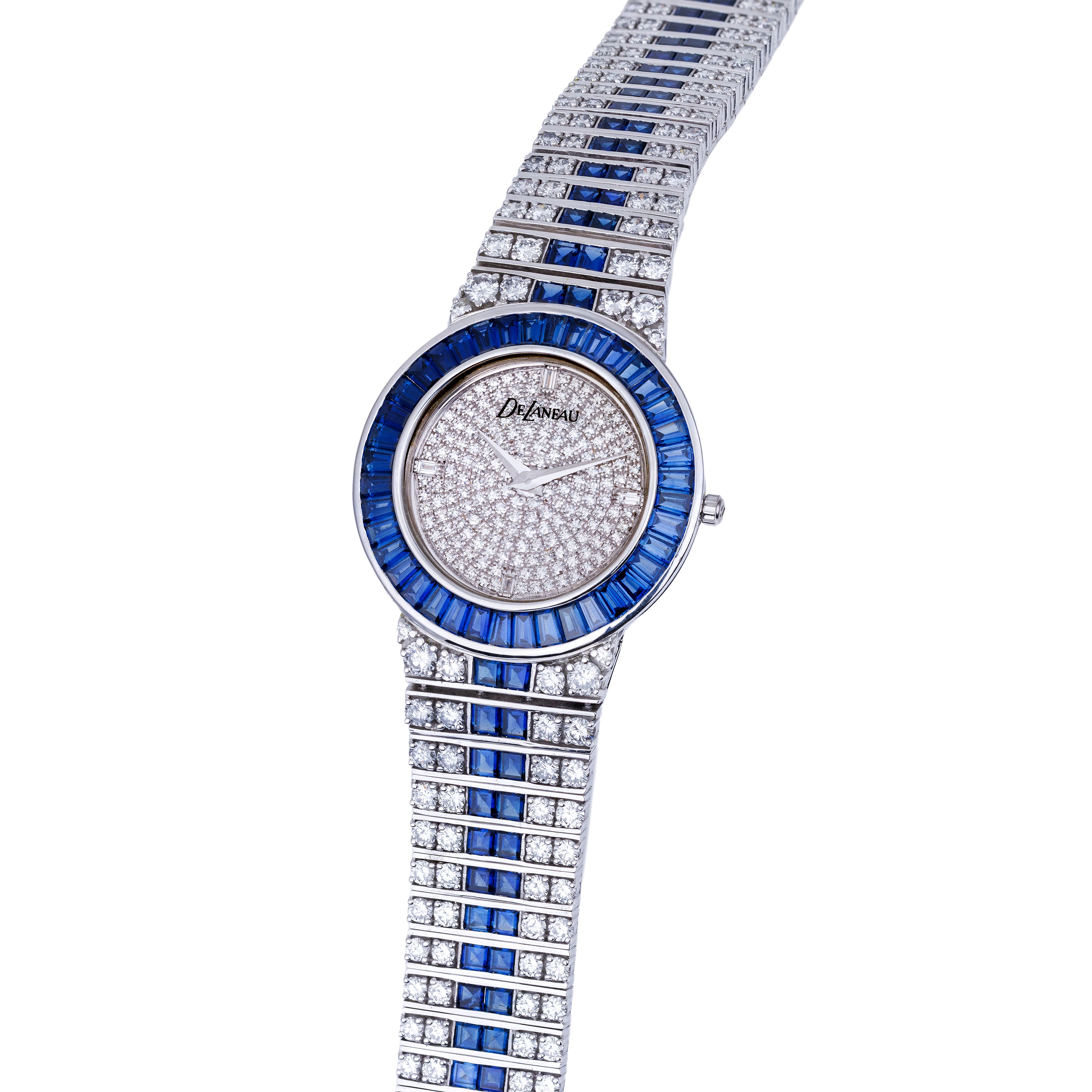 Unworn Rare DeLaneau Wristwatch | Pave Diamond Dial, Sapphire Baguette Bezel & Diamond & Sapphire Bracelet | 18k White Gold