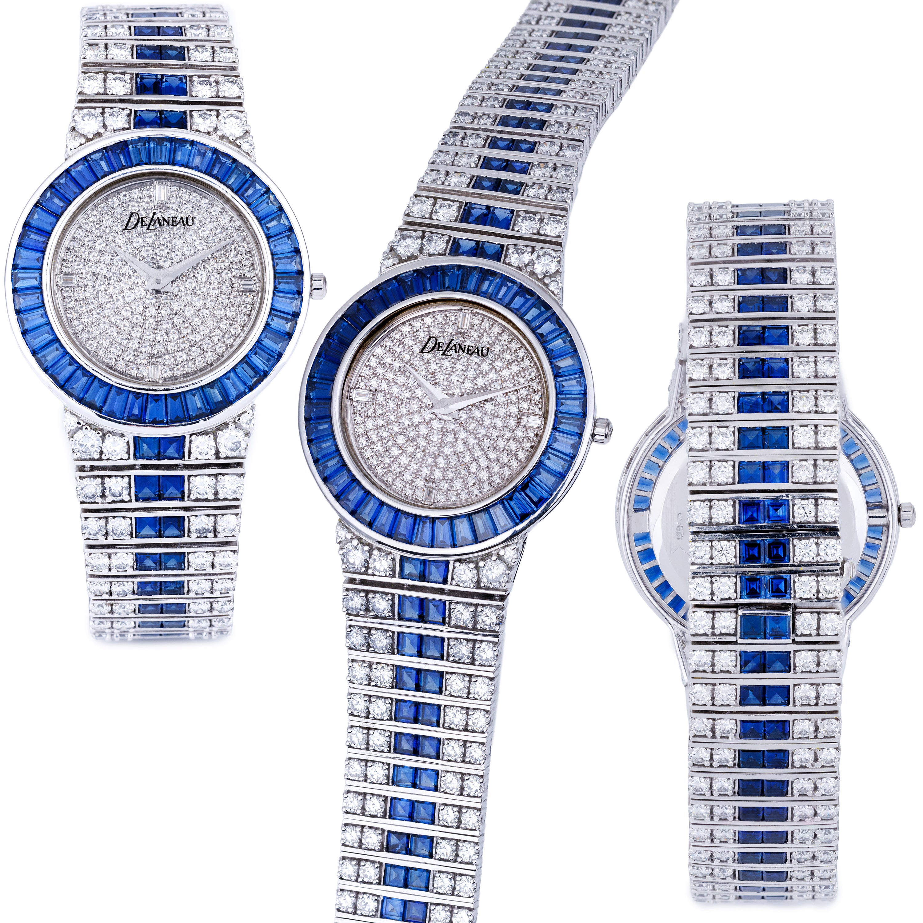 Unworn Rare DeLaneau Wristwatch | Pave Diamond Dial, Sapphire Baguette Bezel & Diamond & Sapphire Bracelet | 18k White Gold