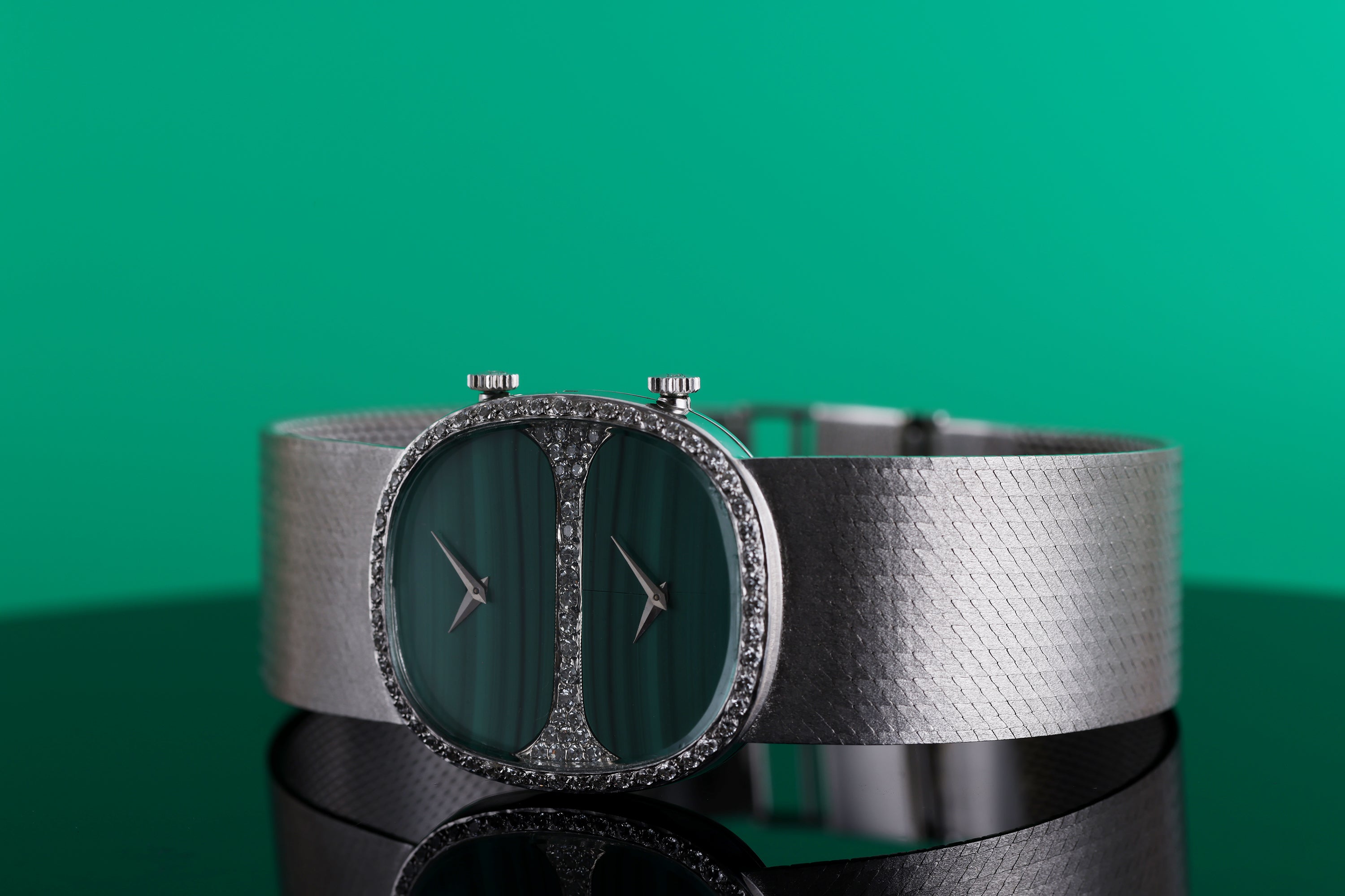Chopard Dual Time Watch | Malachite Dial | Diamond Dial & Bezel | REF. 2104 1 | 18k White Gold | 30.5mm | 1980's