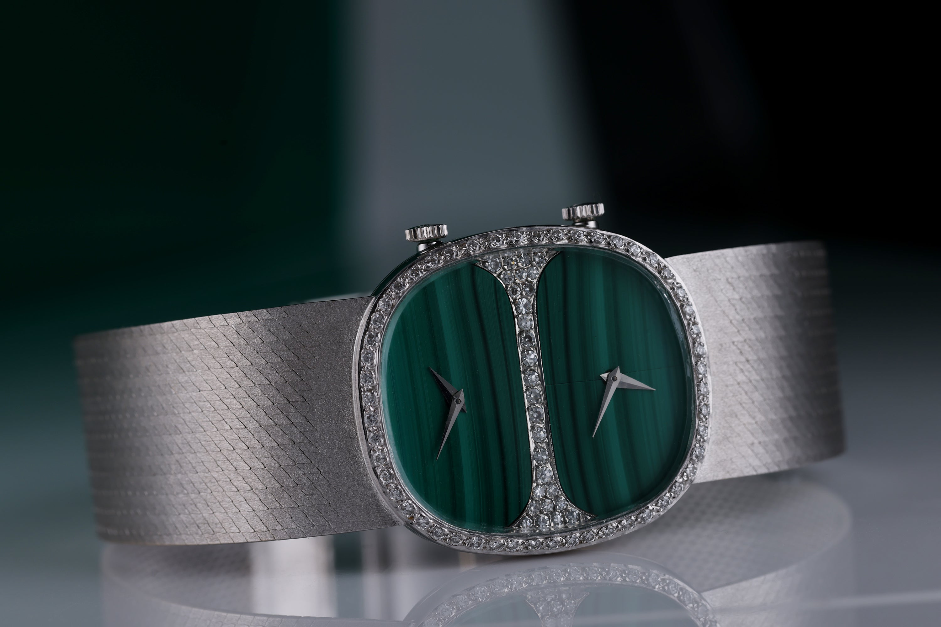 Chopard Dual Time Watch | Malachite Dial | Diamond Dial & Bezel | REF. 2104 1 | 18k White Gold | 30.5mm | 1980's