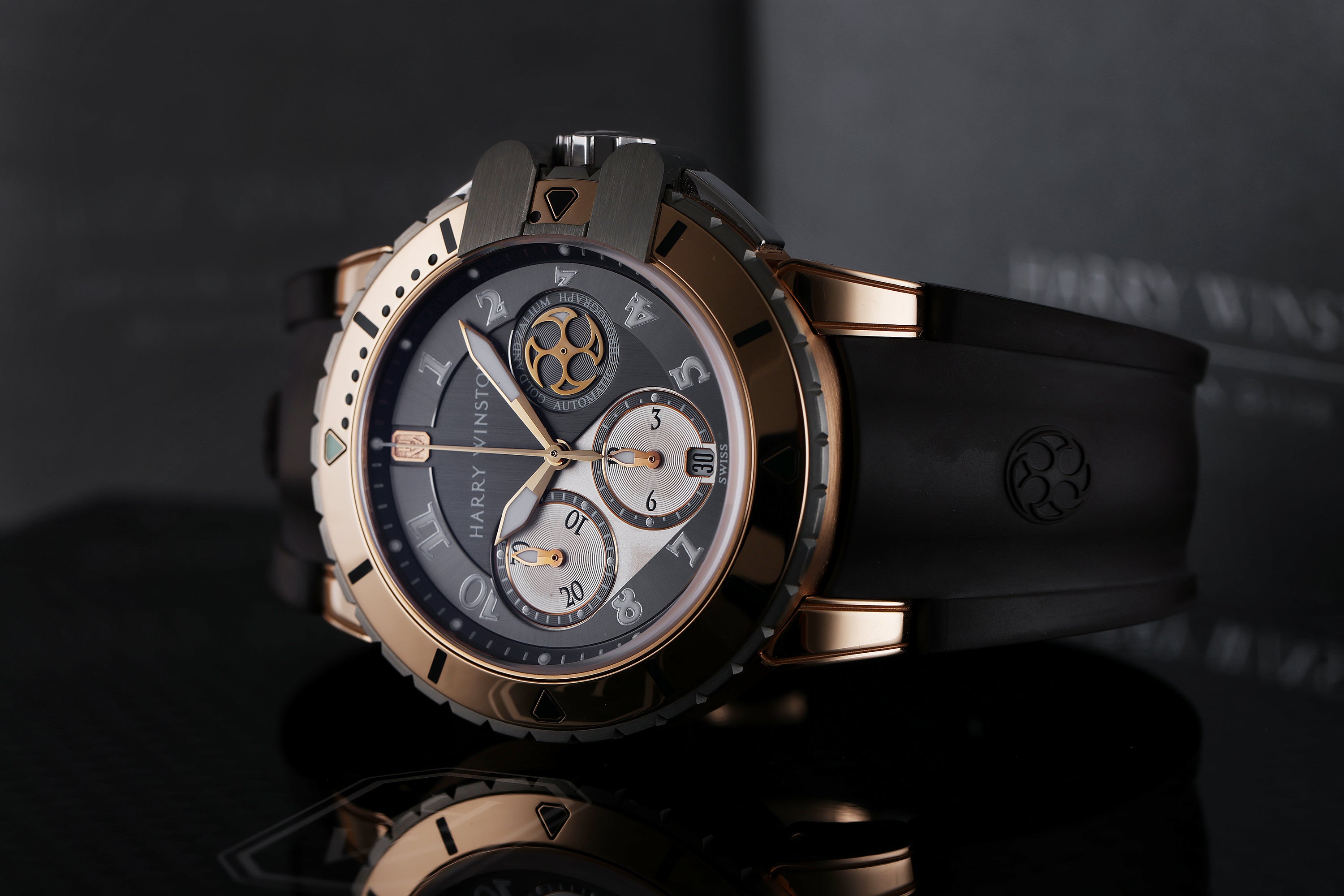 Harry Winston Ocean Diver Chronograph | REF. 410-MCA44RZ | 5th Dubai International Film Festival Edition | Grey dial | 18k Rose Gold & Zalium | Automatic | Box & Papers | 2008 | 44mm