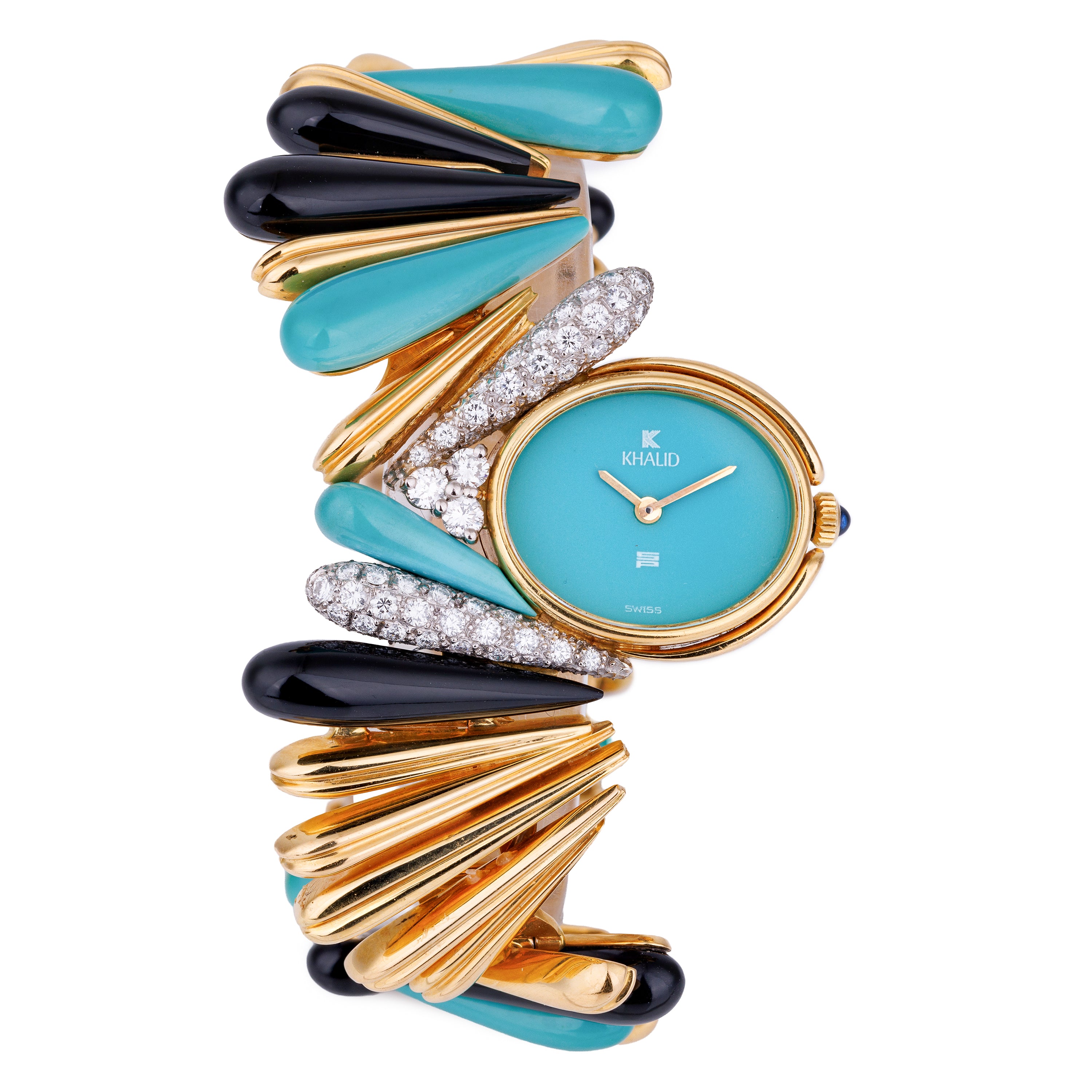 Schlegel & Plana 1970's Wristwatch | Turquoise, Onyx, Diamonds | 18k White & Yellow Gold | Manual Wind
