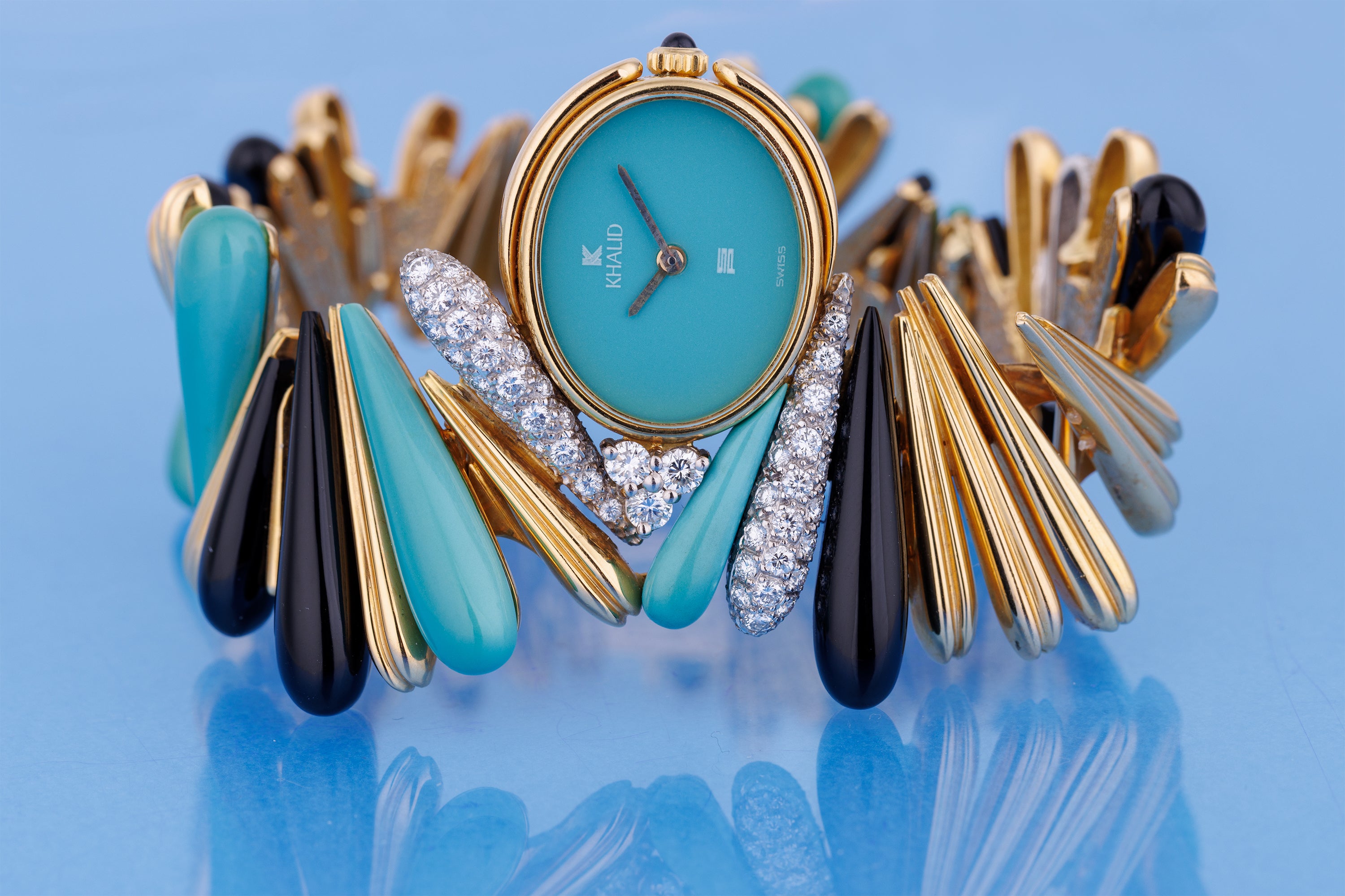 Schlegel & Plana 1970's Wristwatch | Turquoise, Onyx, Diamonds | 18k White & Yellow Gold | Manual Wind