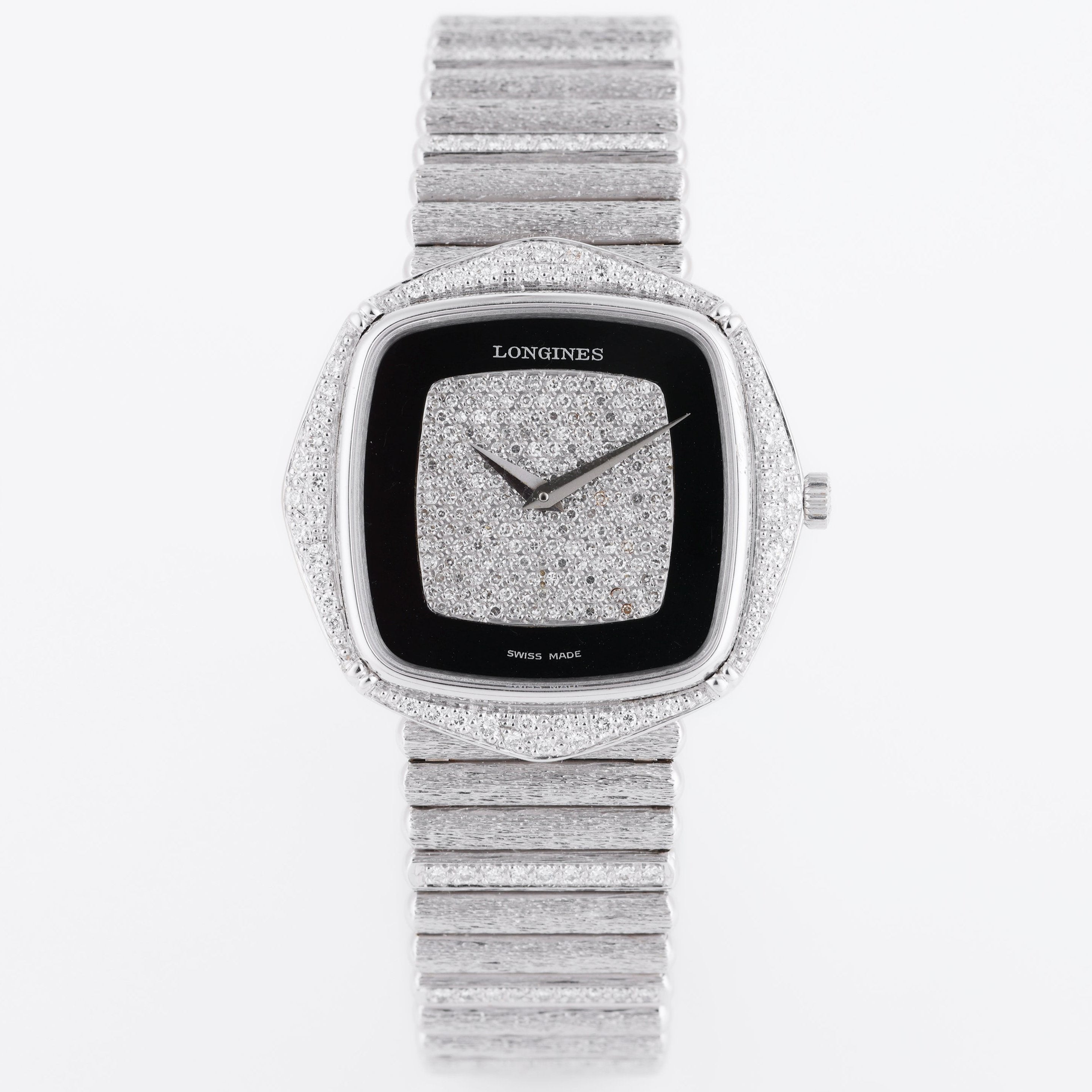 Longines Vintage Watch | Onyx & Pavé Diamond Dial | 18k White Gold | Diamond Bezel & Bracelet with Bark Finish | 35mm | 1970s