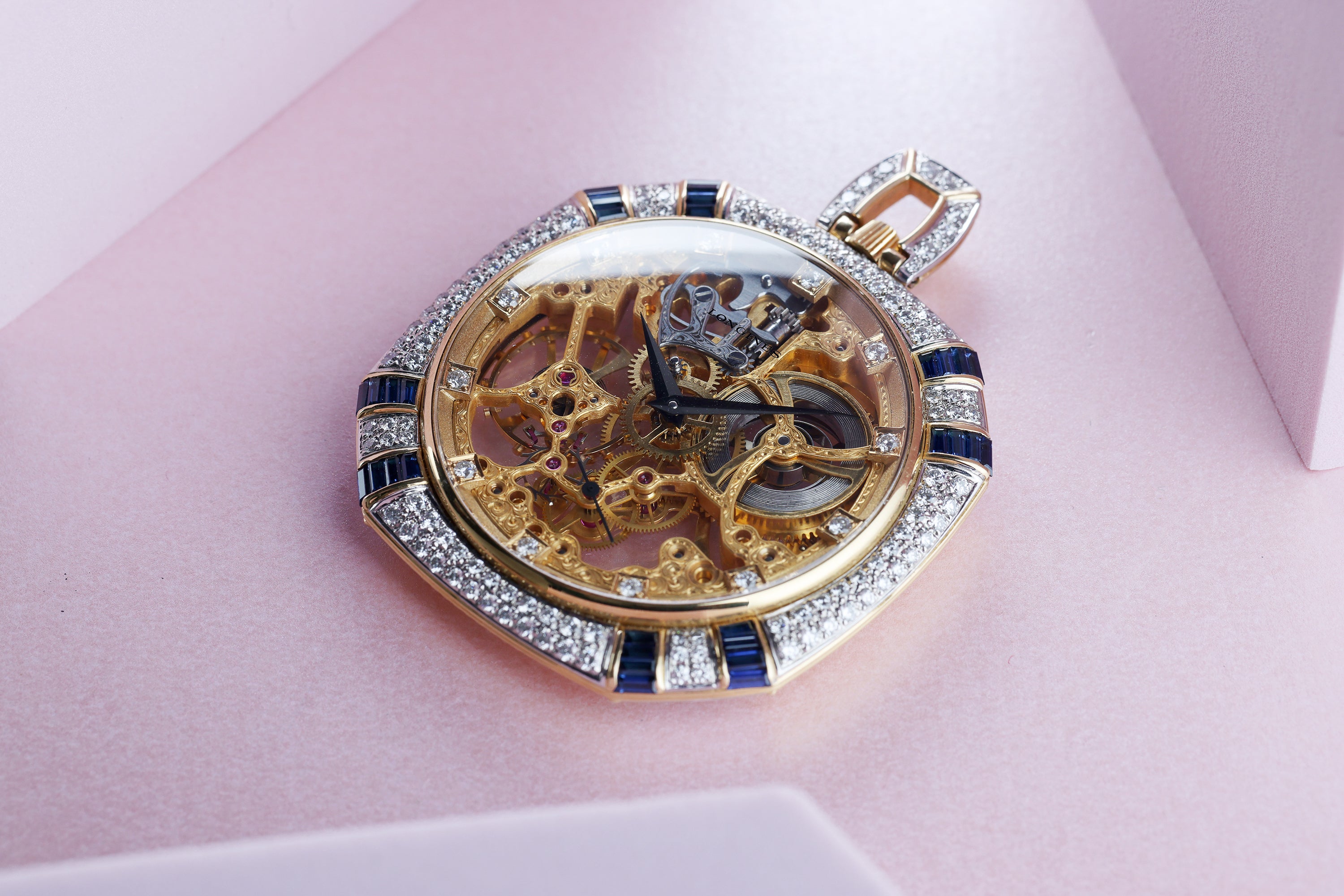 Rare Longines Pocket Watch | Diamonds & Sapphires | 18k Yellow & White Gold | 50mm | 1980's
