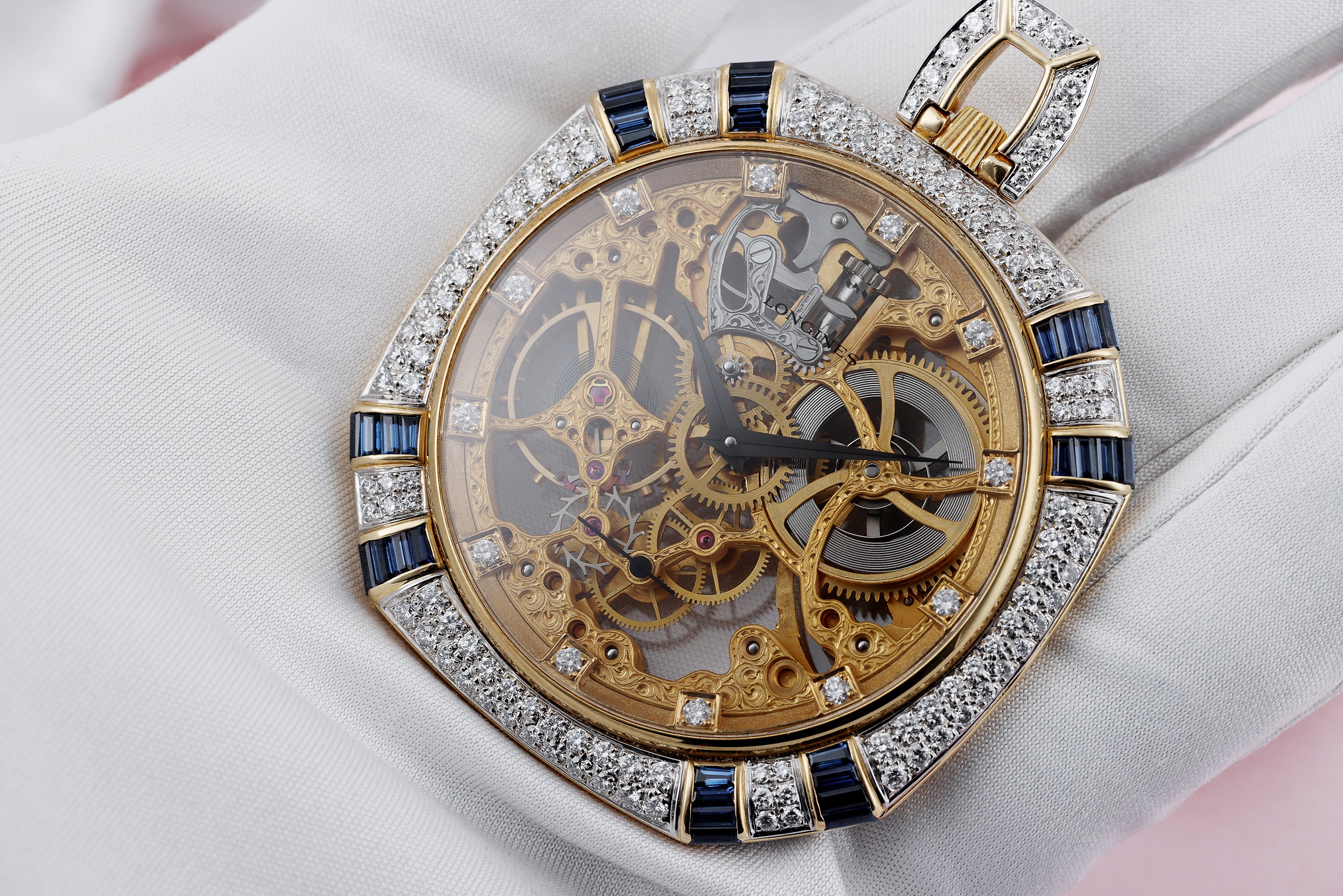 Rare Longines Pocket Watch | Diamonds & Sapphires | 18k Yellow & White Gold | 50mm | 1980's