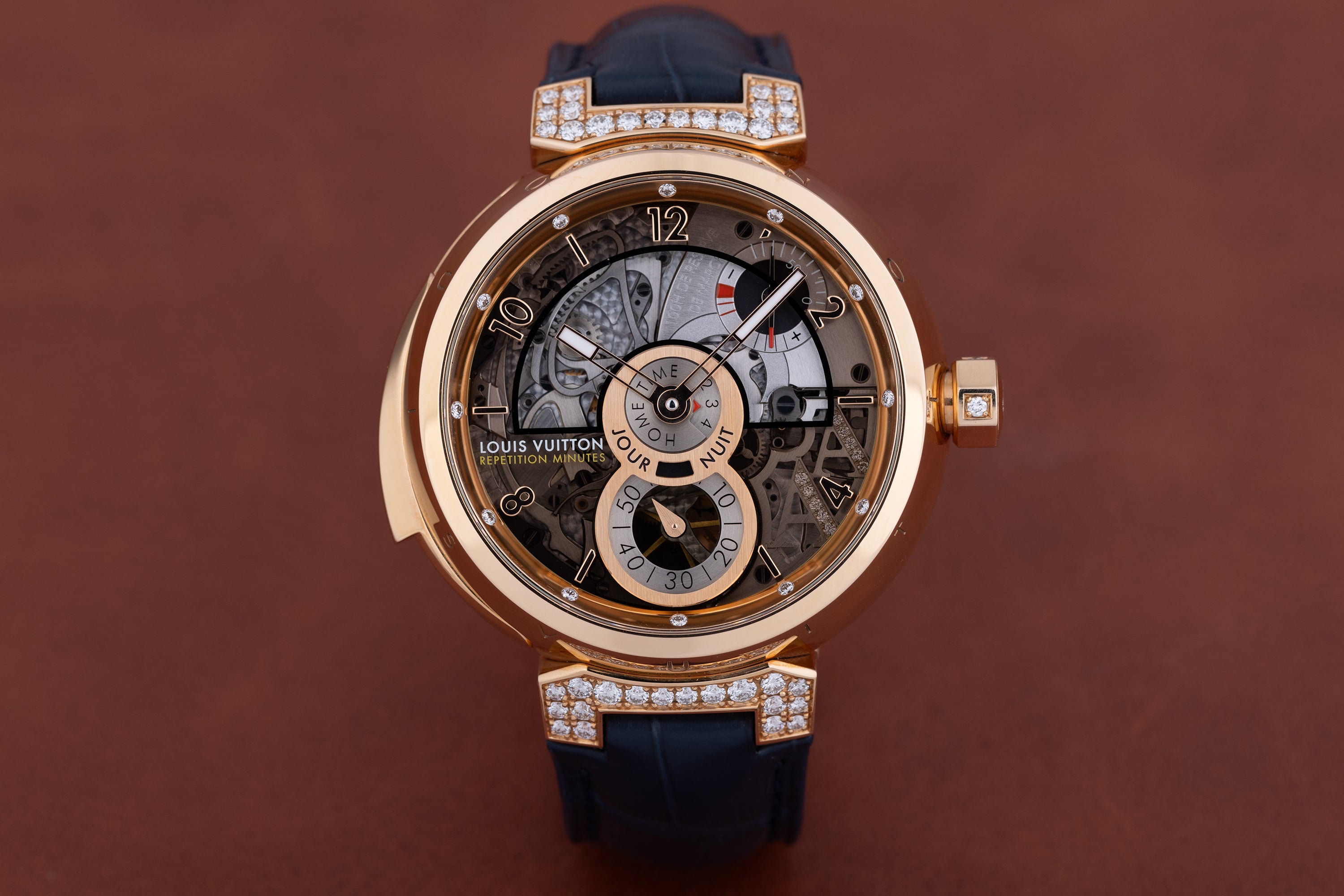 Louis Vuitton | Tambour XL Minute Repeater & Travel Time | 18k Rose Gold | Diamond Hours & Pave Diamond Shoulders | 44mm | Box & Papers