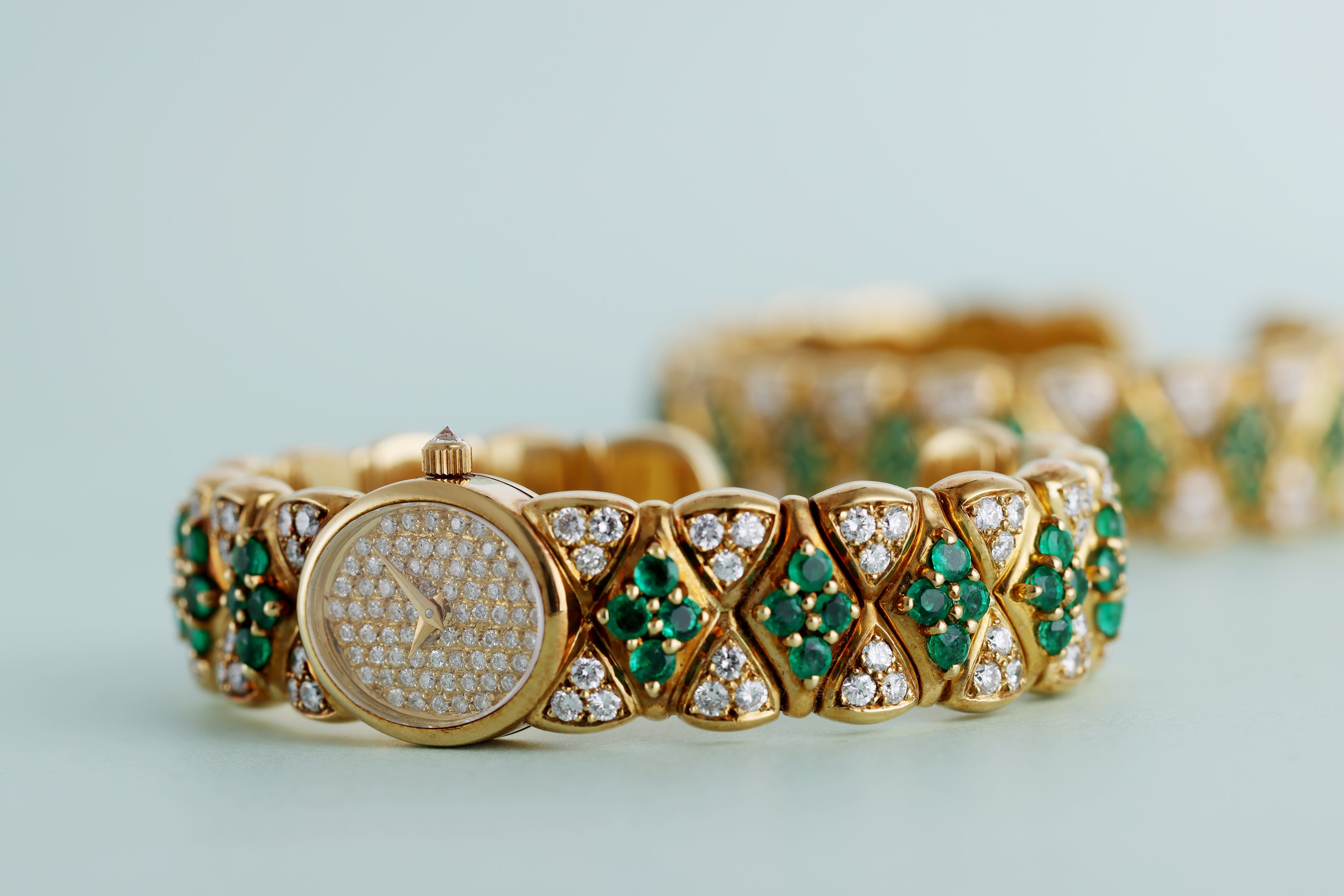 Mauboussin Ladies Jewellery Watch Matching Set | Emerald & Diamond | Pavé Diamond Dial | 18k Yellow Gold | 16mm | Circa 1990's