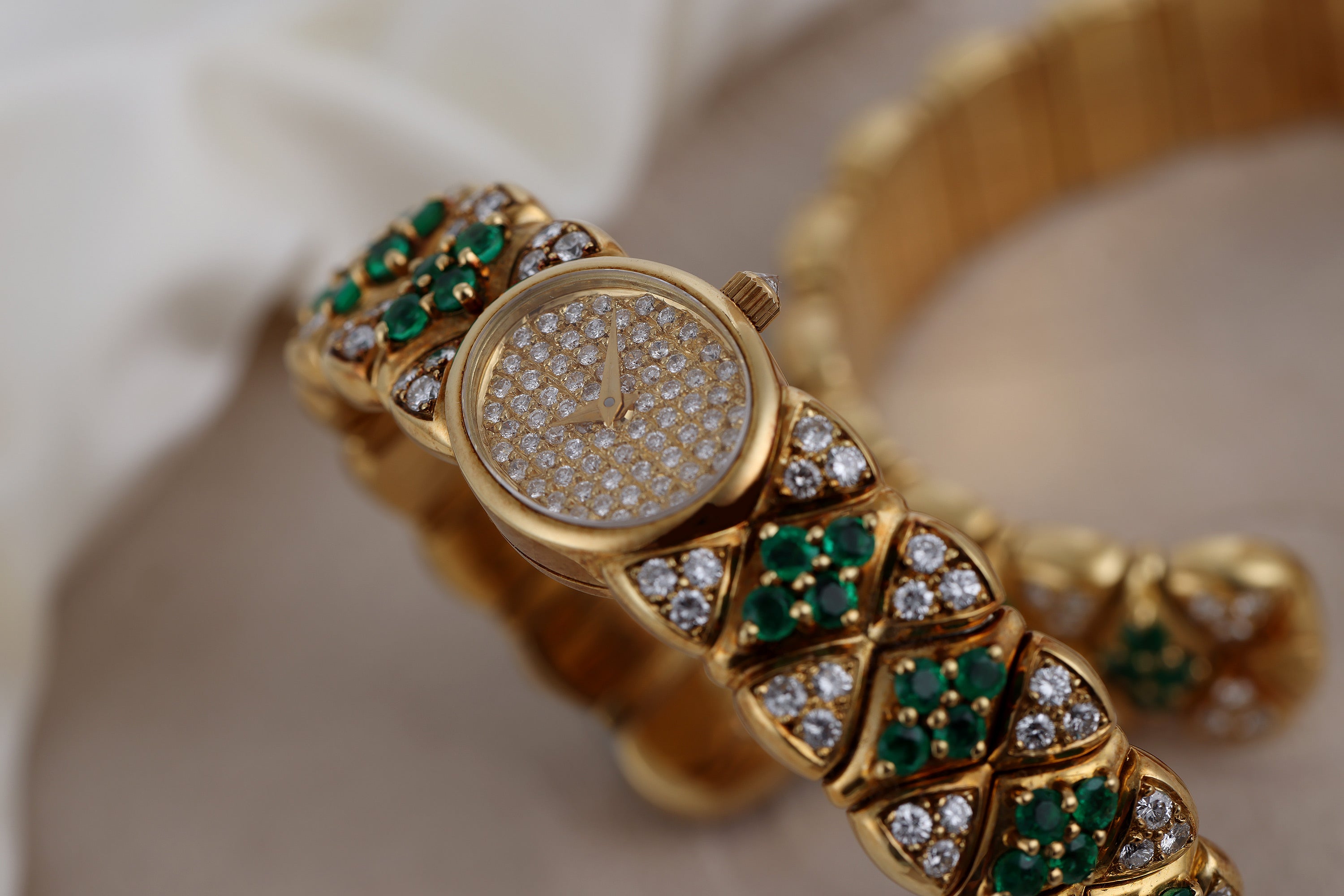 Mauboussin Ladies Jewellery Watch Matching Set | Emerald & Diamond | Pavé Diamond Dial | 18k Yellow Gold | 16mm | Circa 1990's
