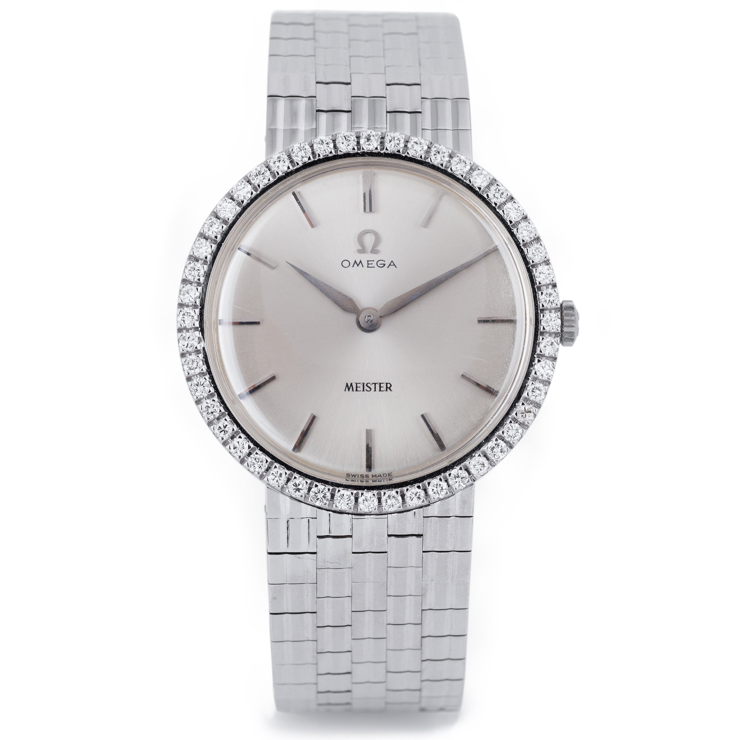 Omega 1960's Watch Double Signed by Meister | Diamond Bezel | 18k White Gold | 1960's | 33mm
