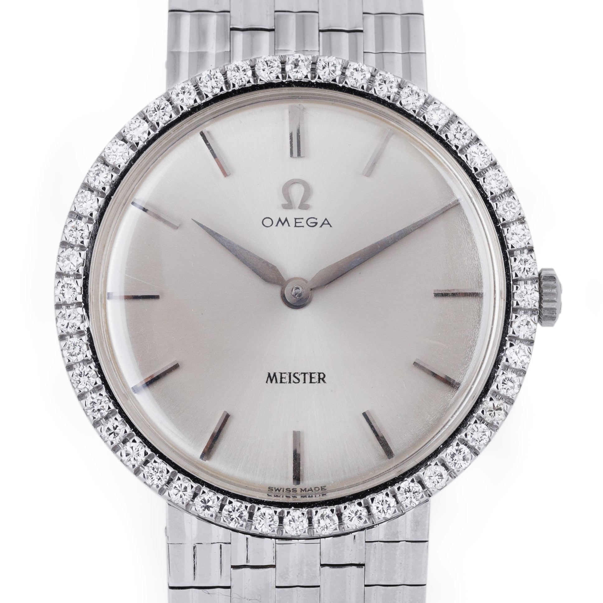Omega 1960's Watch Double Signed by Meister | Diamond Bezel | 18k White Gold | 1960's | 33mm