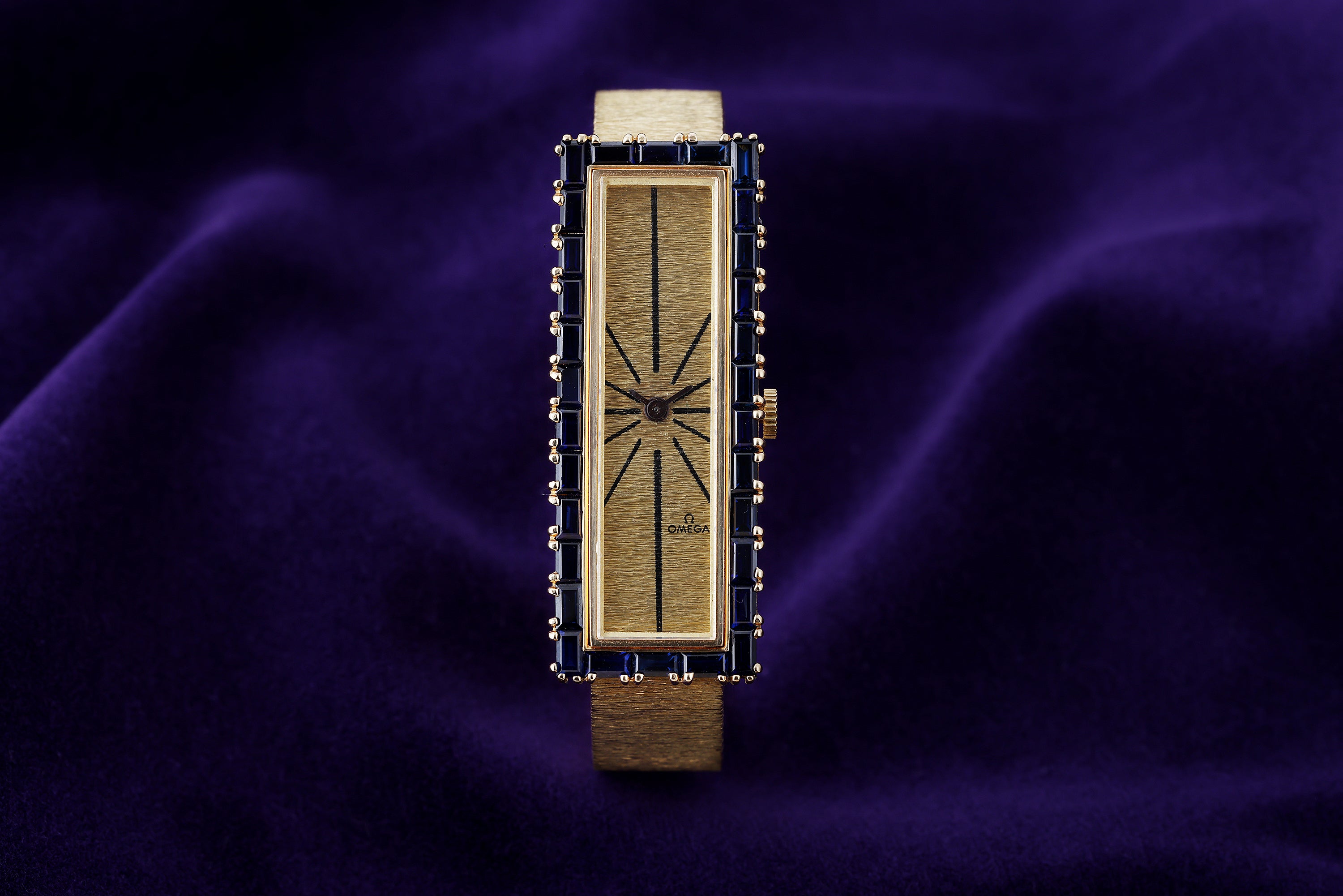 Rare Omega 1970s Wristwatch | Blue Sapphire Bezel | 17.5 x 45mm | 18k Yellow Gold | Manual Wind