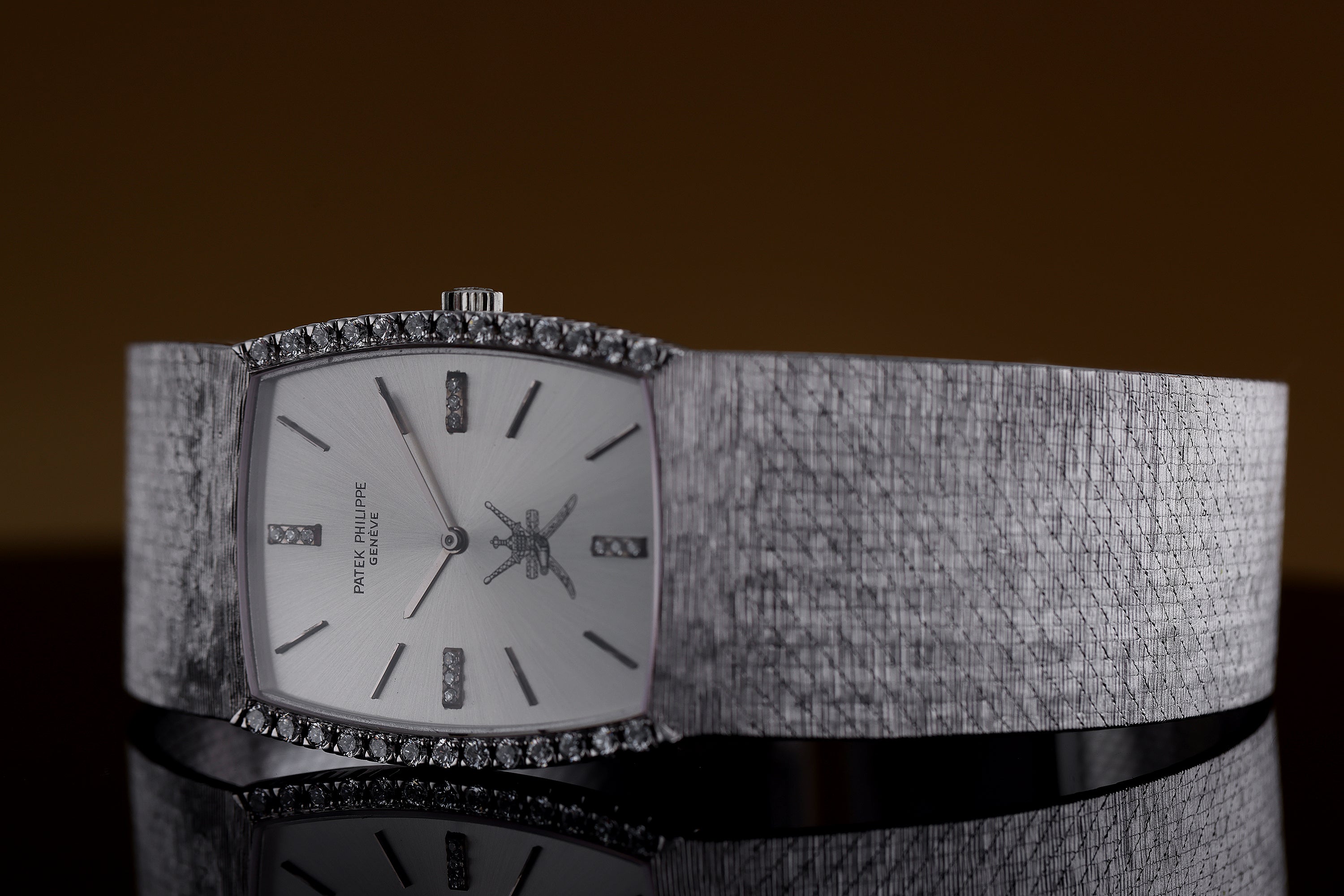 Extremely Rare Unworn Patek Philippe 1970's Gondolo Watch | Khanjar Emblem - Retailed by Asprey | REF. 3528/4 | Diamond Dial & Bezel | 26mm | 18k White Gold