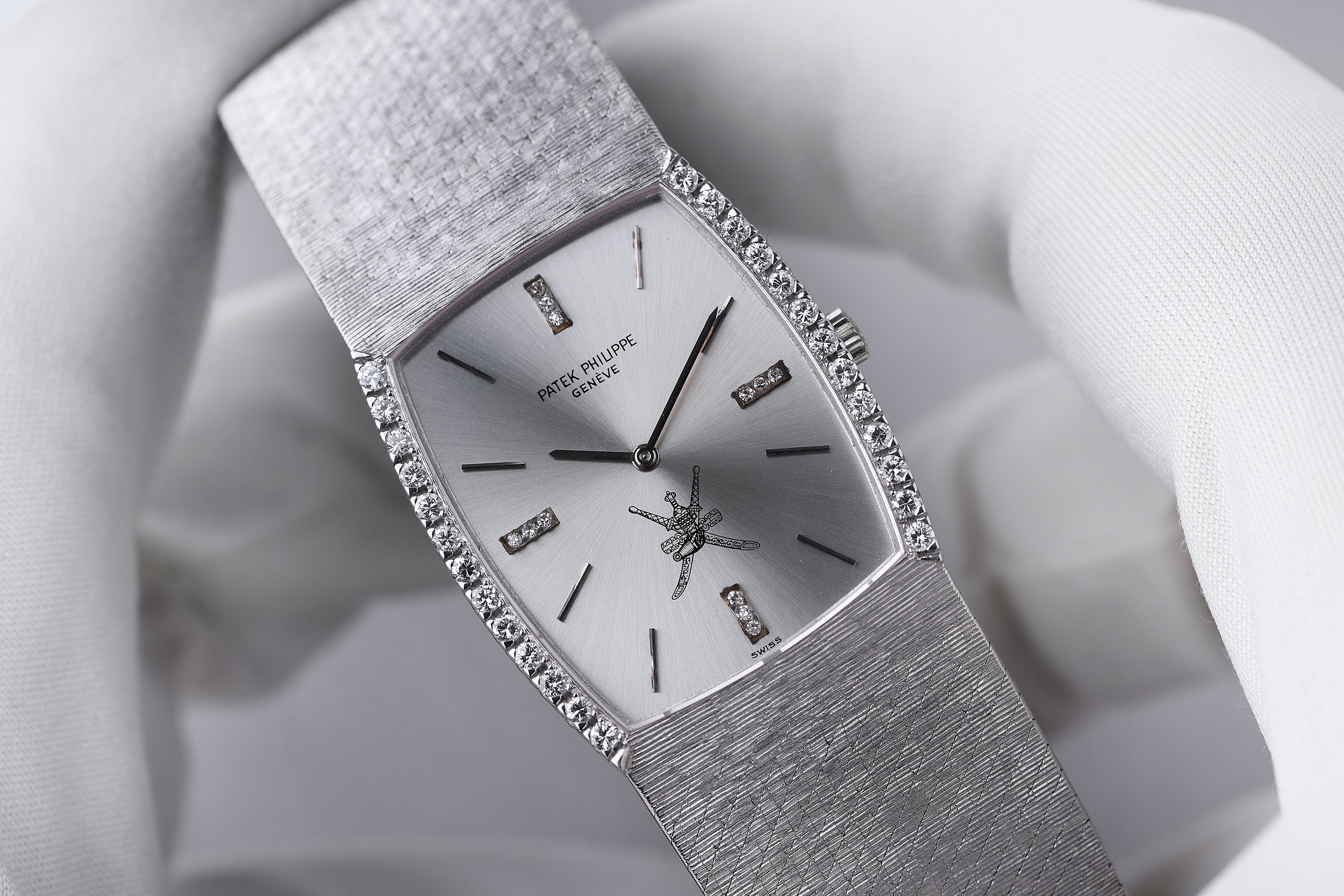 Extremely Rare Unworn Patek Philippe 1970's Gondolo Watch | Khanjar Emblem - Retailed by Asprey | REF. 3528/4 | Diamond Dial & Bezel | 26mm | 18k White Gold