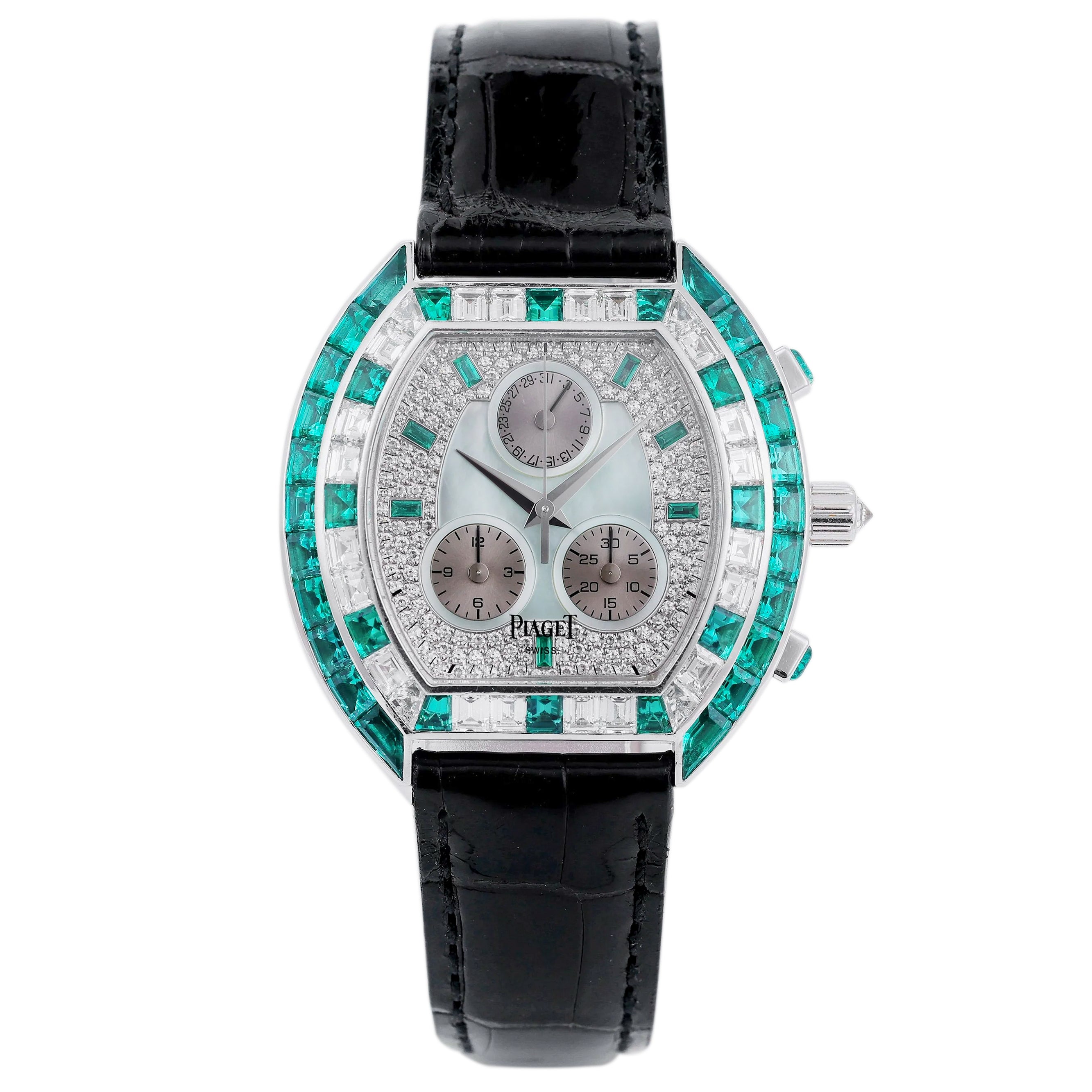 Piaget Chronograph | REF. 14488 | Green Mother of Pearl & Pave Diamond Dial, Emerald Hours | Emerald & Diamond Bezel | 18k White Gold | Circa 1990's