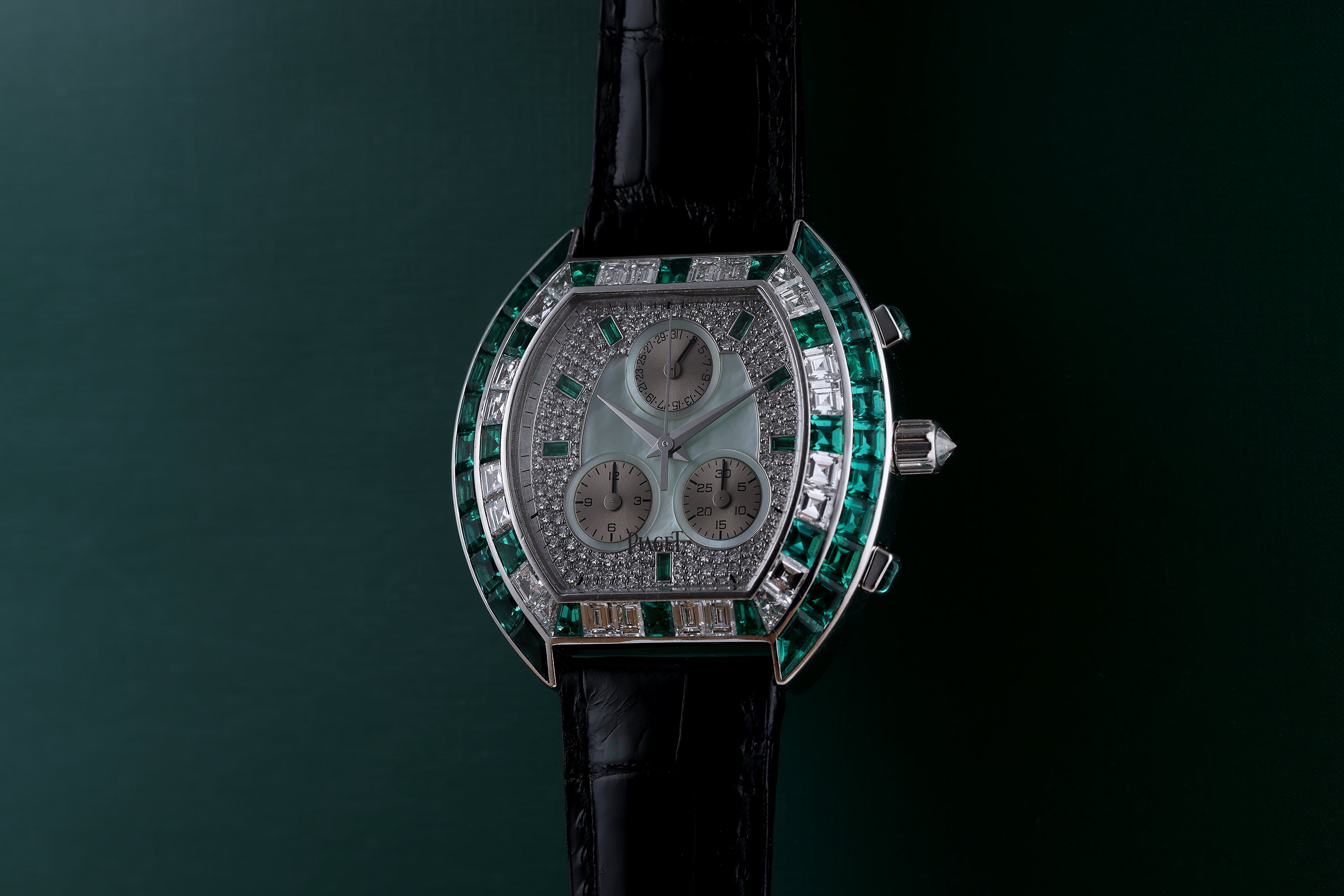 Piaget Chronograph | REF. 14488 | Green Mother of Pearl & Pave Diamond Dial, Emerald Hours | Emerald & Diamond Bezel | 18k White Gold | Circa 1990's