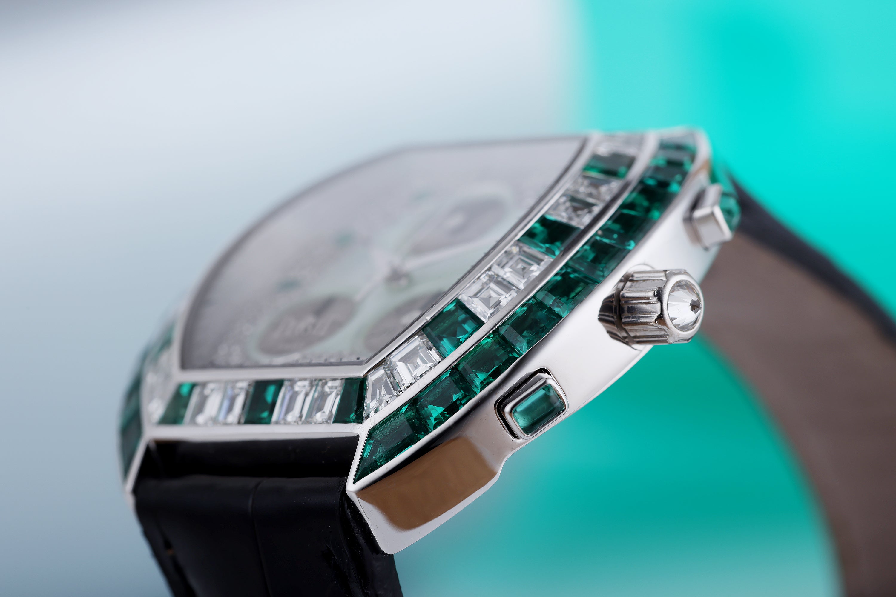 Piaget Chronograph | REF. 14488 | Green Mother of Pearl & Pave Diamond Dial, Emerald Hours | Emerald & Diamond Bezel | 18k White Gold | Circa 1990's