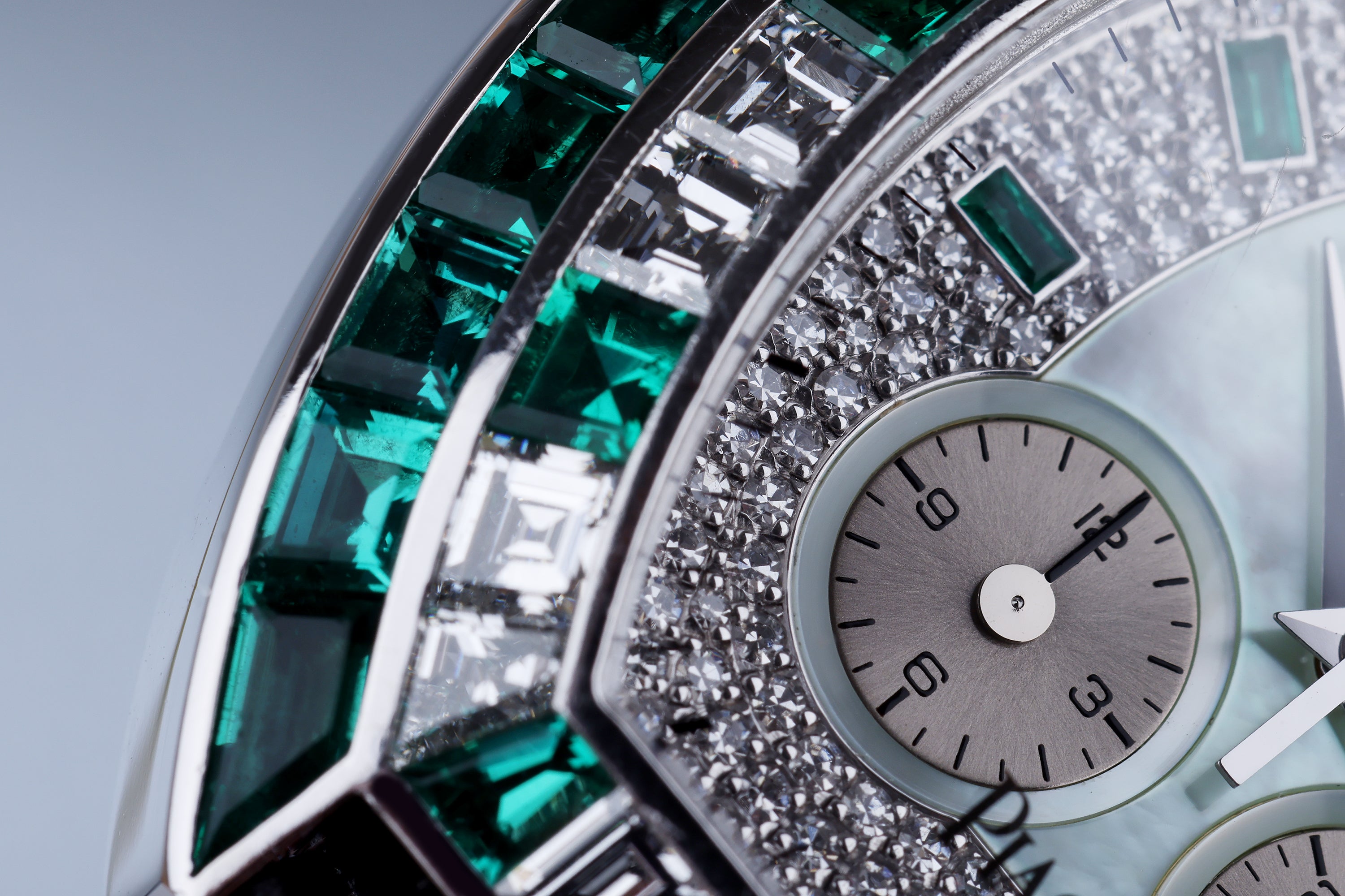 Piaget Chronograph | REF. 14488 | Green Mother of Pearl & Pave Diamond Dial, Emerald Hours | Emerald & Diamond Bezel | 18k White Gold | Circa 1990's