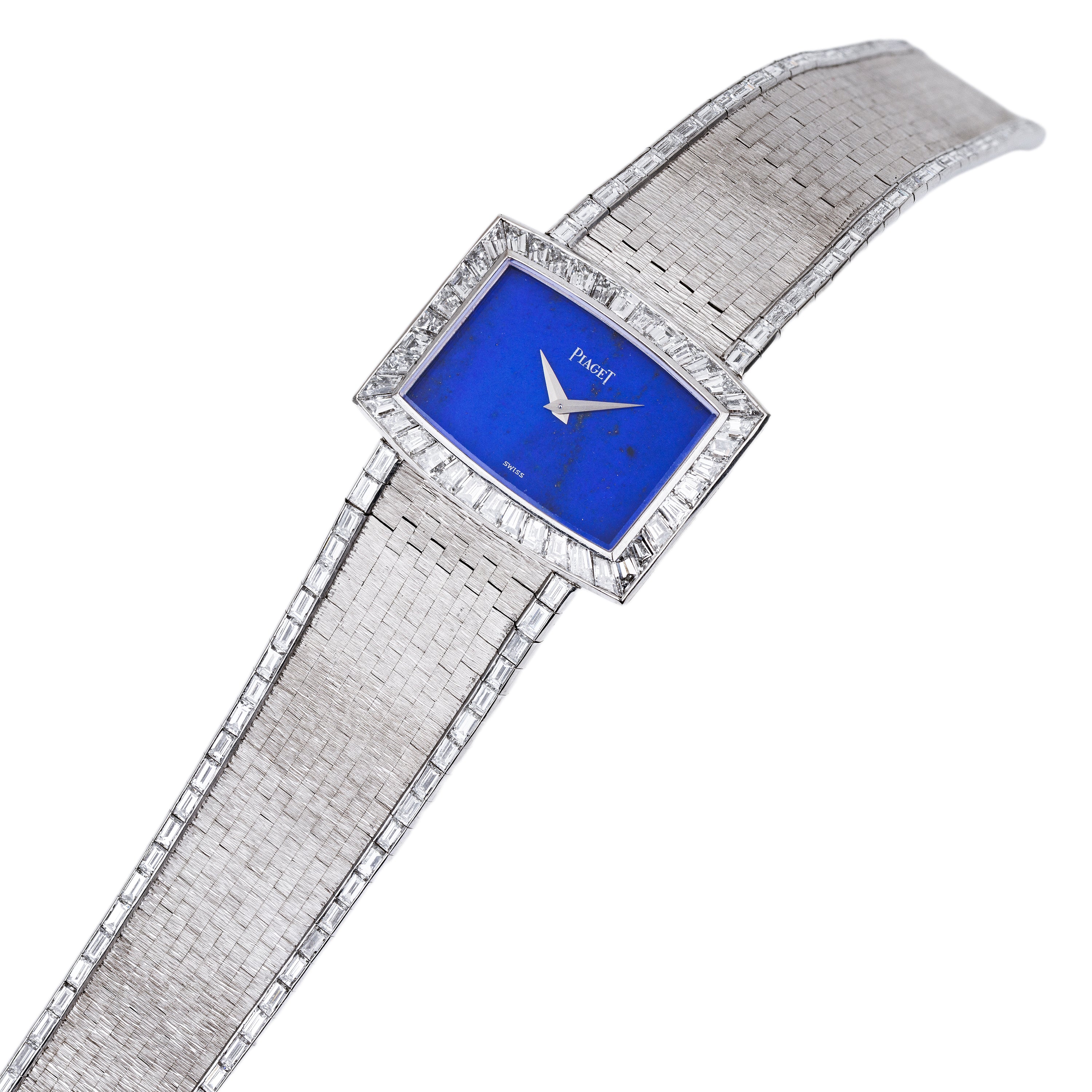Rare 1970's Piaget | REF. 9665 H 6 | Lapis Lazuli Dial | Baguette Diamond Bezel & Bracelet Lining | 18k White Gold | 31.5mm
