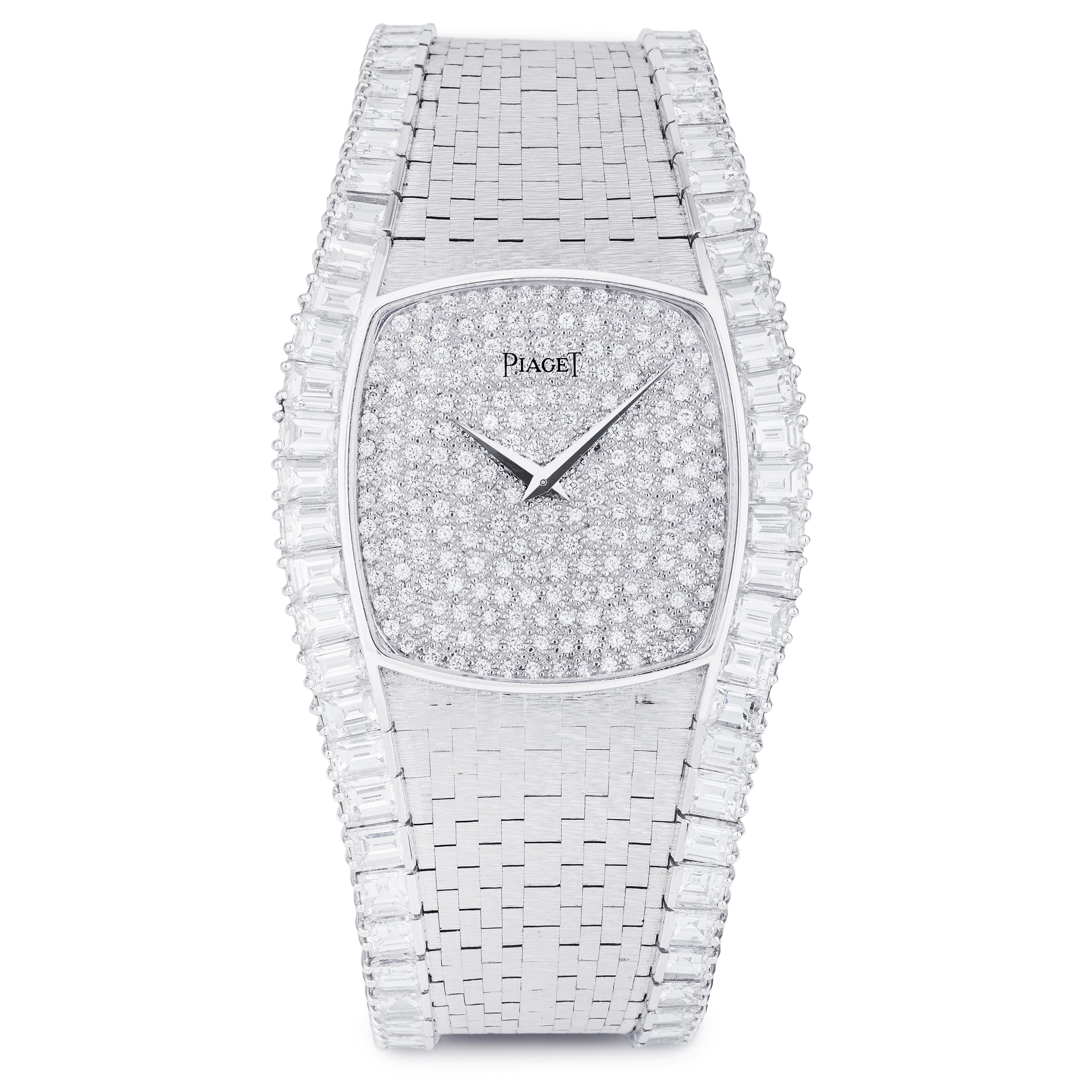 Unworn Vintage & Rare Piaget | Pavé Diamond Dial | 18k White Gold | Circa 1970's | 36mm | Emerald Cut Diamond Bracelet