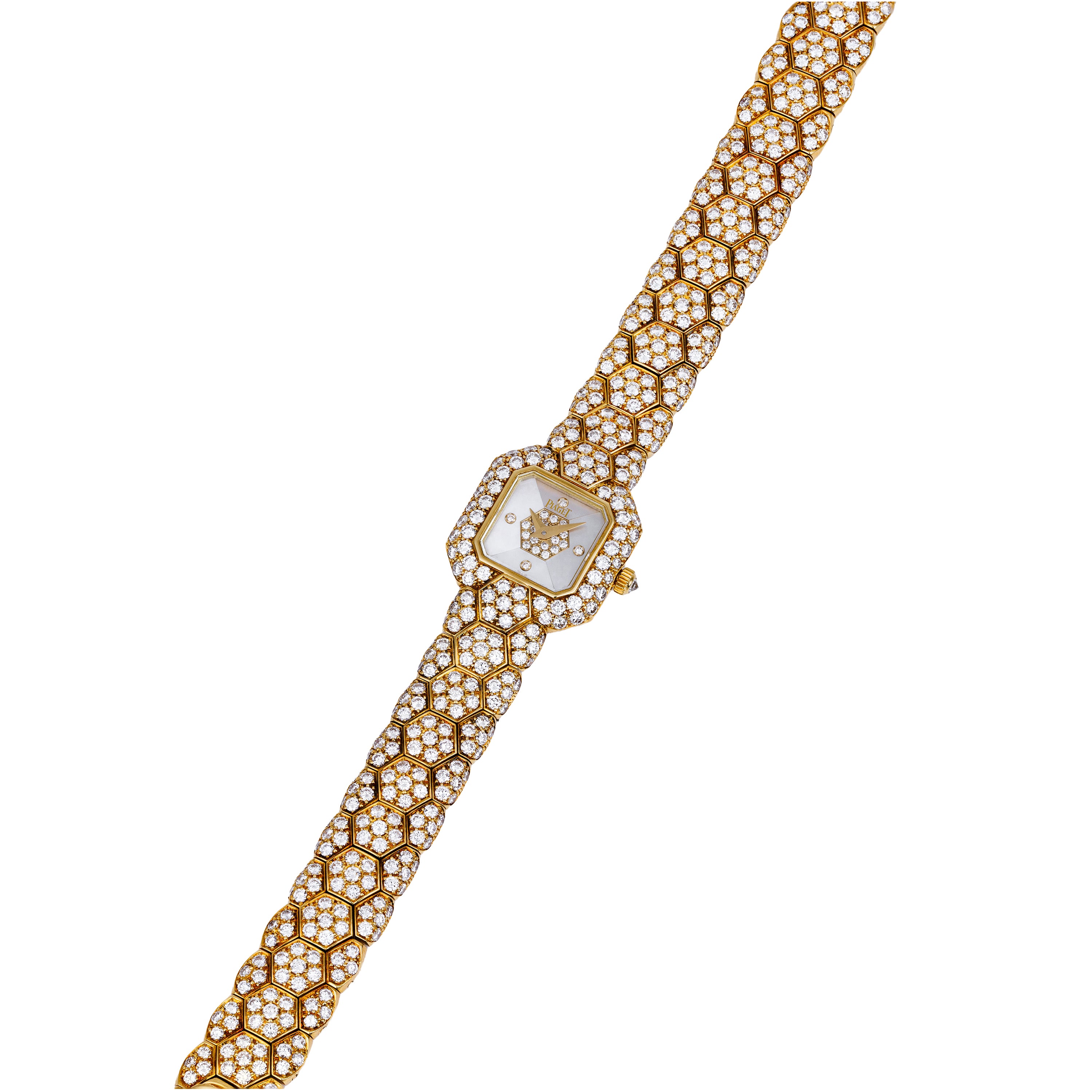 Piaget Glancy Ladies Diamond Watch | REF. 5985 | Mother of Pearl & Pave Diamond Honeycomb | 19.5mm | 18k Yellow Gold | 1996 | Quartz