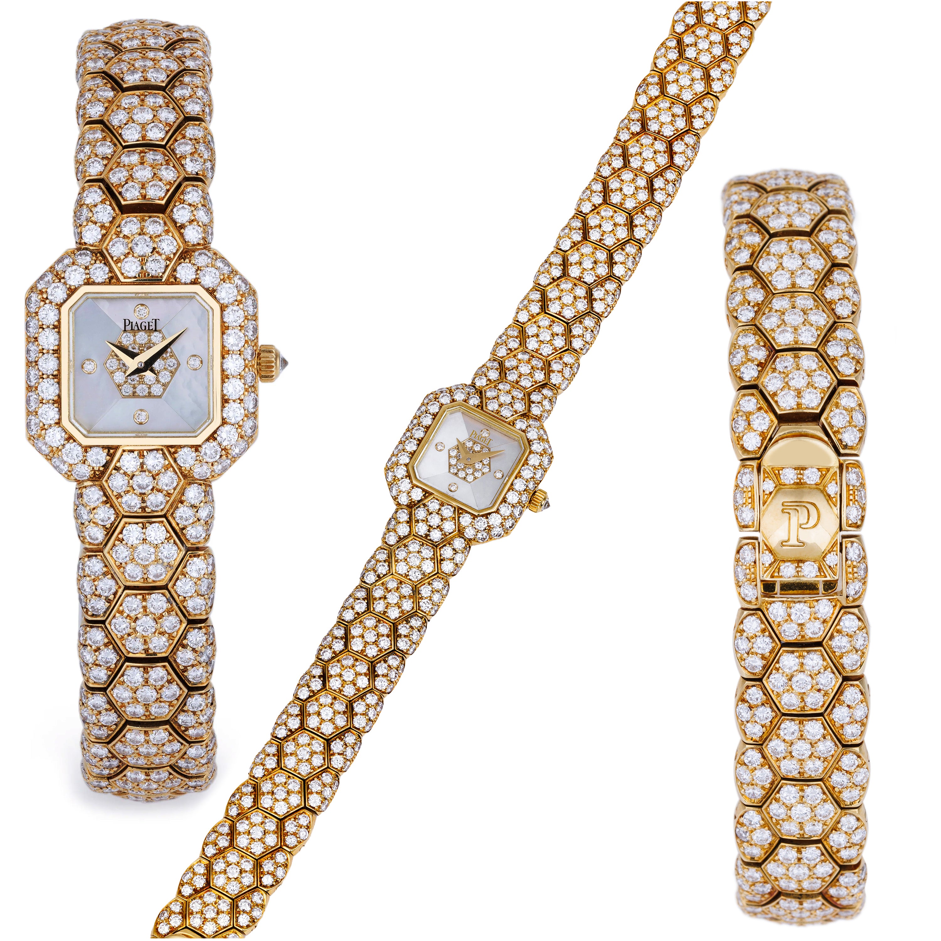 Piaget Glancy Ladies Diamond Watch | REF. 5985 | Mother of Pearl & Pave Diamond Honeycomb | 19.5mm | 18k Yellow Gold | 1996 | Quartz