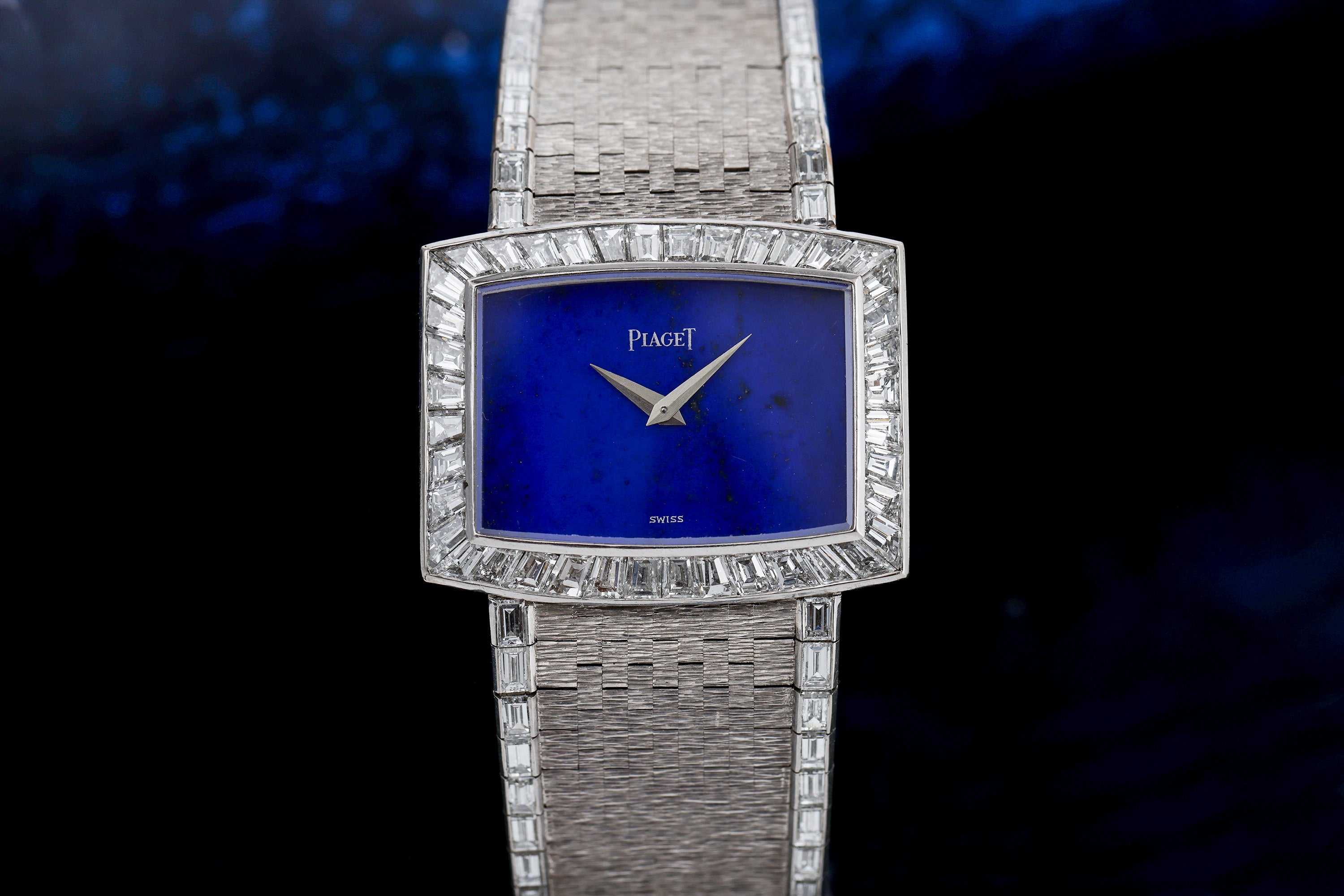Rare 1970's Piaget | REF. 9665 H 6 | Lapis Lazuli Dial | Baguette Diamond Bezel & Bracelet Lining | 18k White Gold | 31.5mm