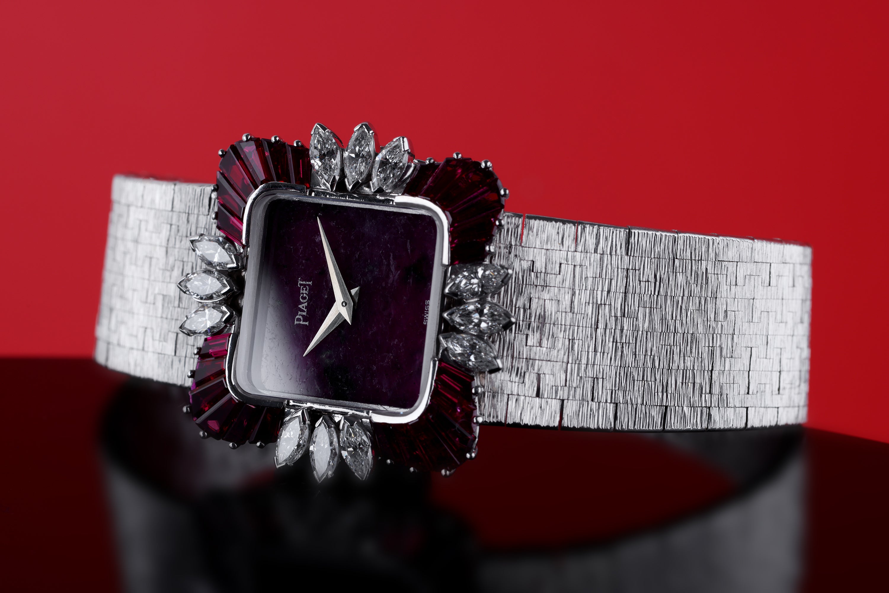 Possibly Unique, Extremely Rare Piaget Vintage Ladies Wristwatch | REF. 9249 A 6 | Rubelite Dial | Rubies & Marquise Diamonds | 18k White Gold | 25mm | Manual Wind | 1980s