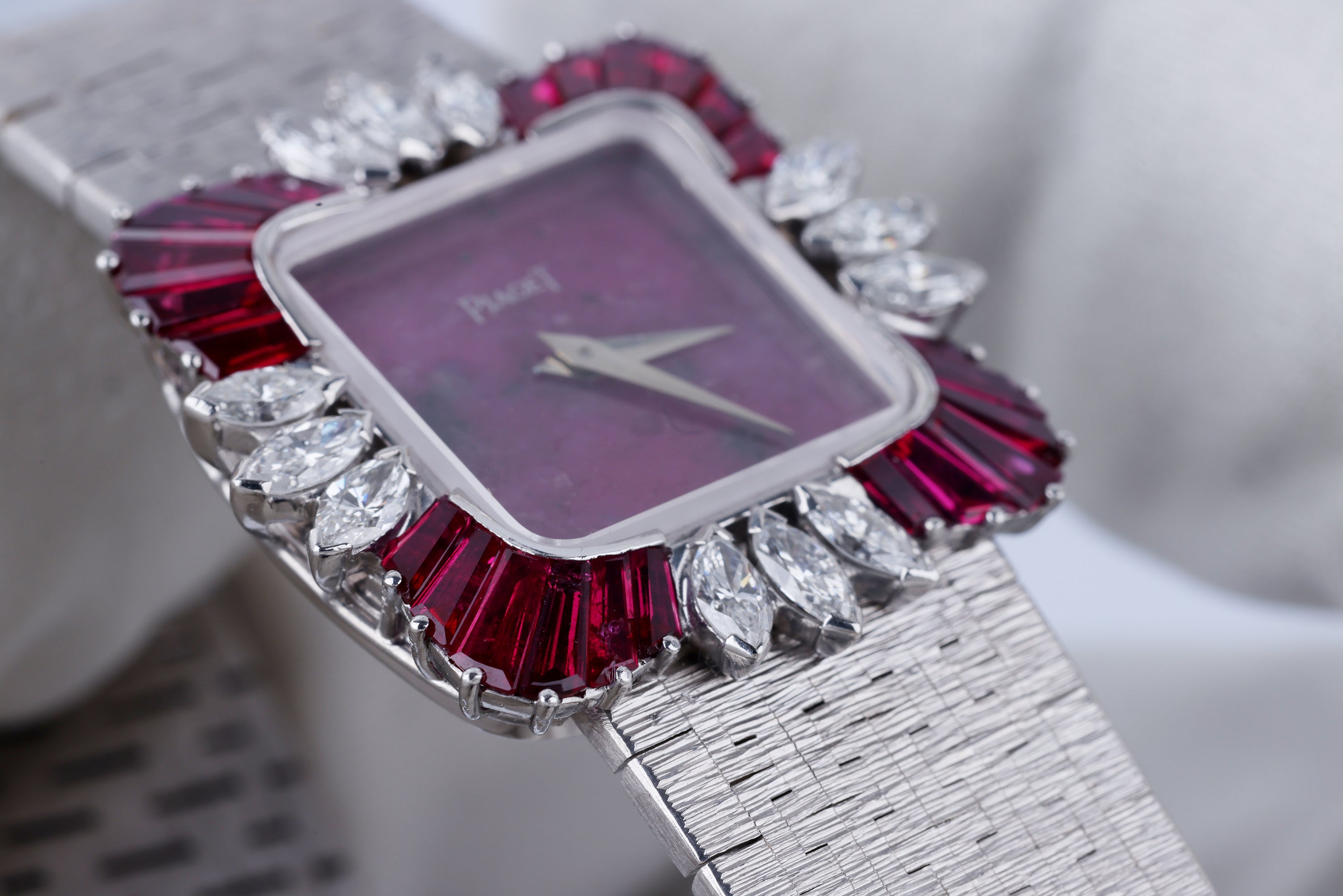 Possibly Unique, Extremely Rare Piaget Vintage Ladies Wristwatch | REF. 9249 A 6 | Rubelite Dial | Rubies & Marquise Diamonds | 18k White Gold | 25mm | Manual Wind | 1980s