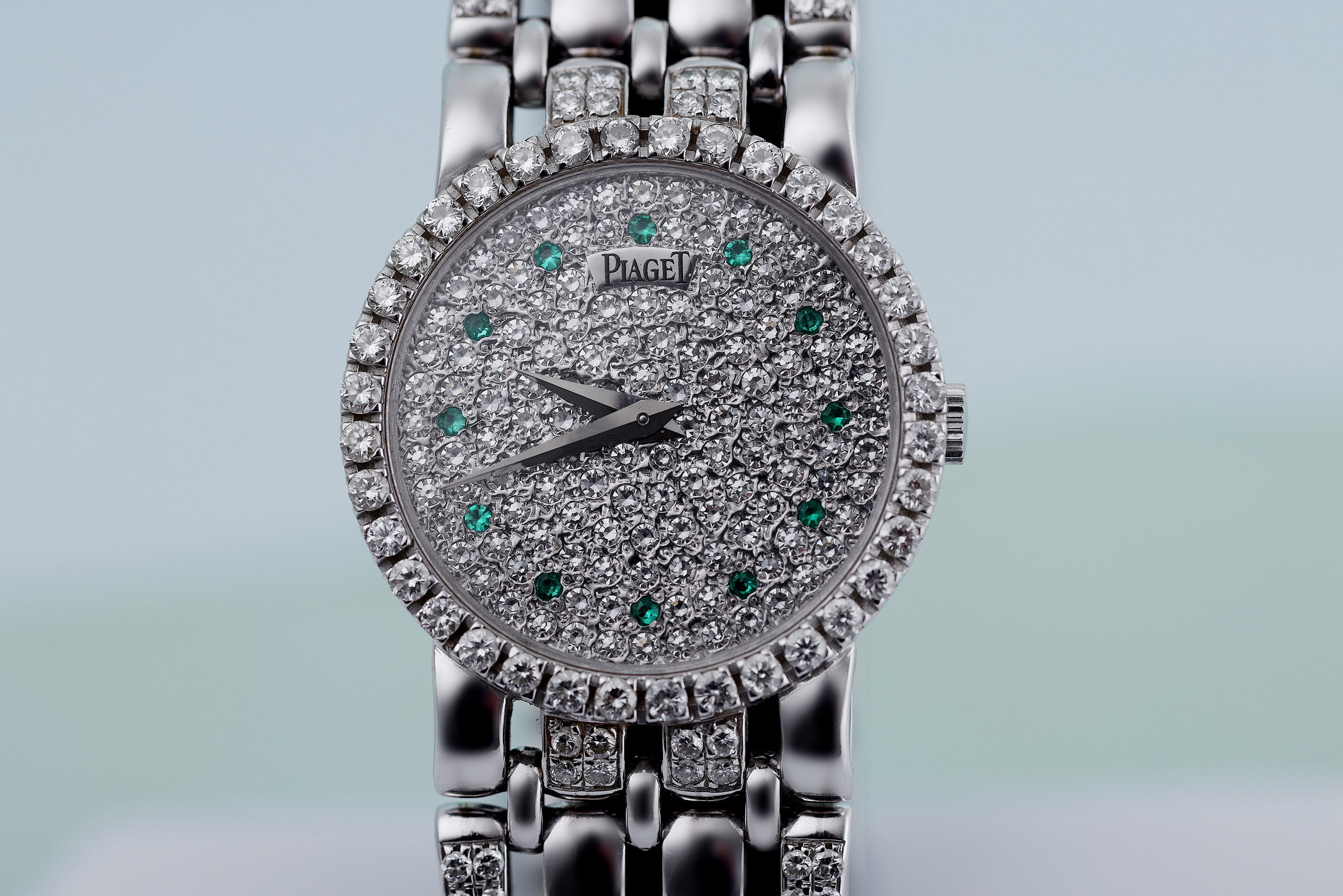 Piaget Vintage Ladies Wristwatch | REF. 9706 K 61 R | Pavé Diamond Dial & Emerald Hours | 18k White Gold | 24mm | Manual Wind | 1970s | Service Papers