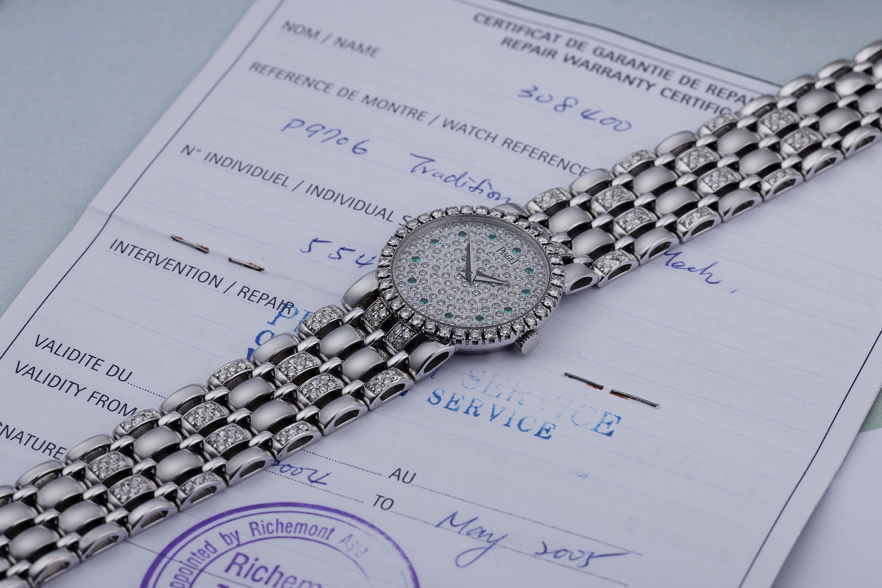 Piaget Vintage Ladies Wristwatch | REF. 9706 K 61 R | Pavé Diamond Dial & Emerald Hours | 18k White Gold | 24mm | Manual Wind | 1970s | Service Papers