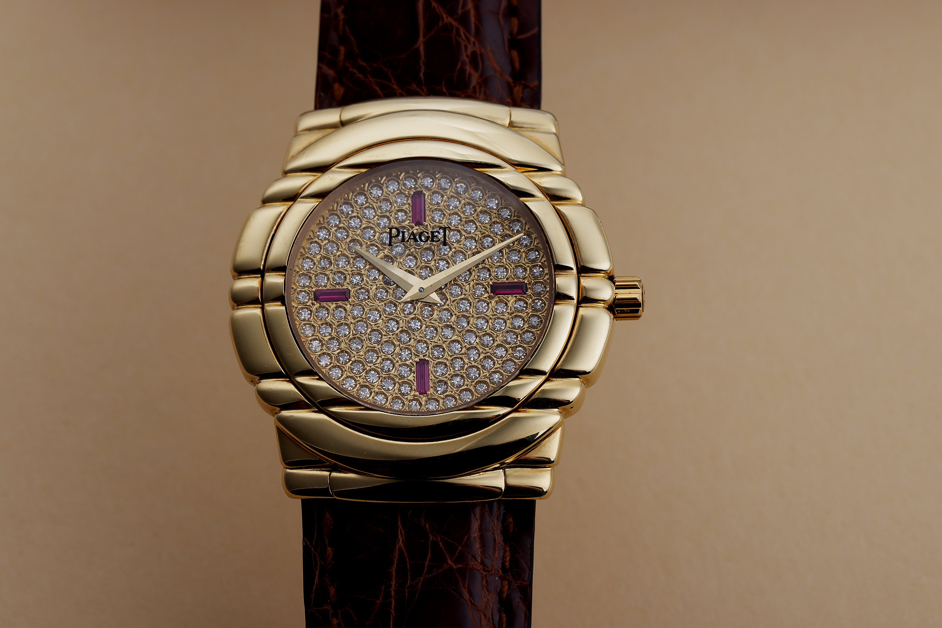Piaget Tanagra | REF. GOA 15246 | Pavé Diamond & Ruby Baguette Dial | 18k Yellow Gold | 33mm | Circa 1990's