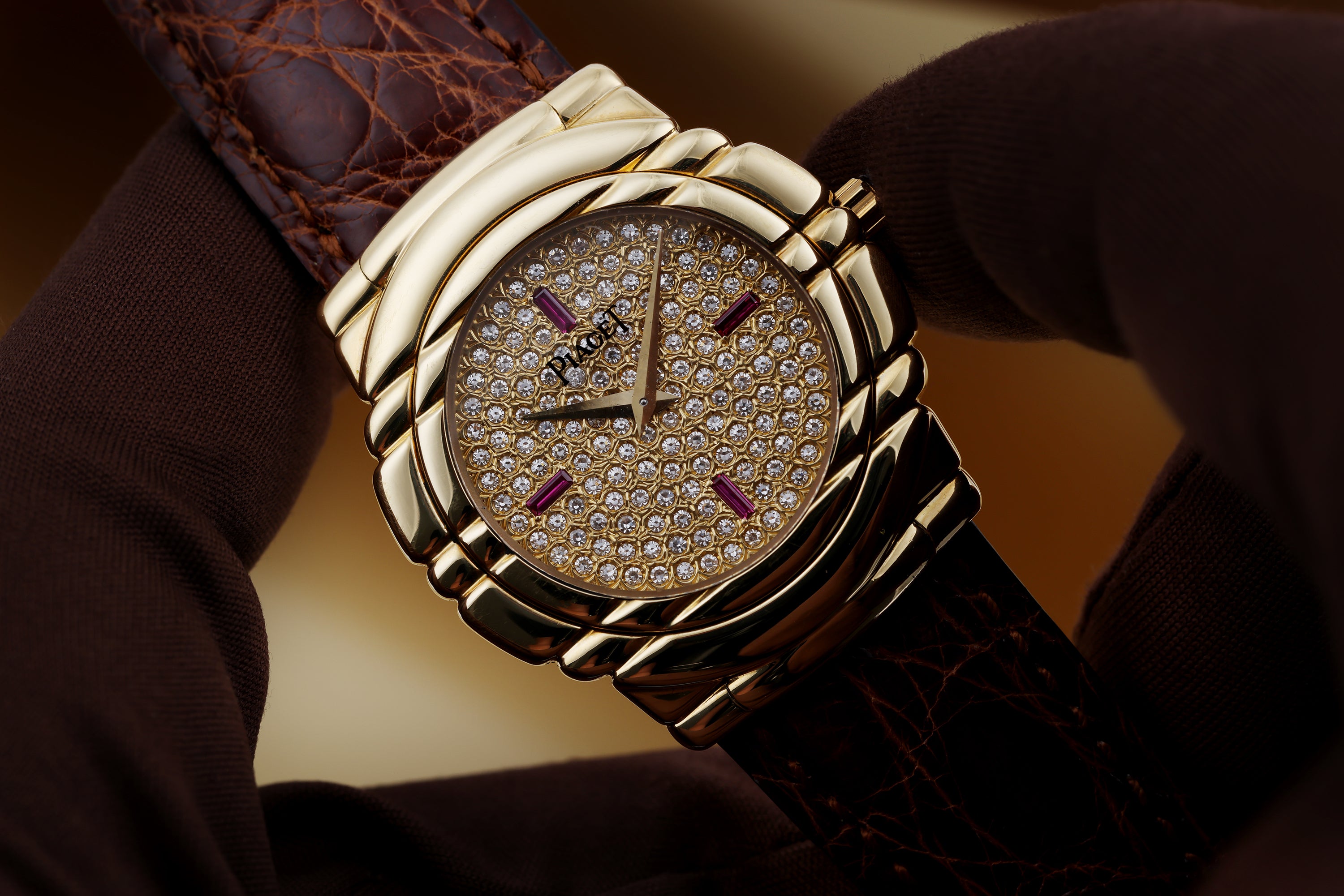 Piaget Tanagra | REF. GOA 15246 | Pavé Diamond & Ruby Baguette Dial | 18k Yellow Gold | 33mm | Circa 1990's