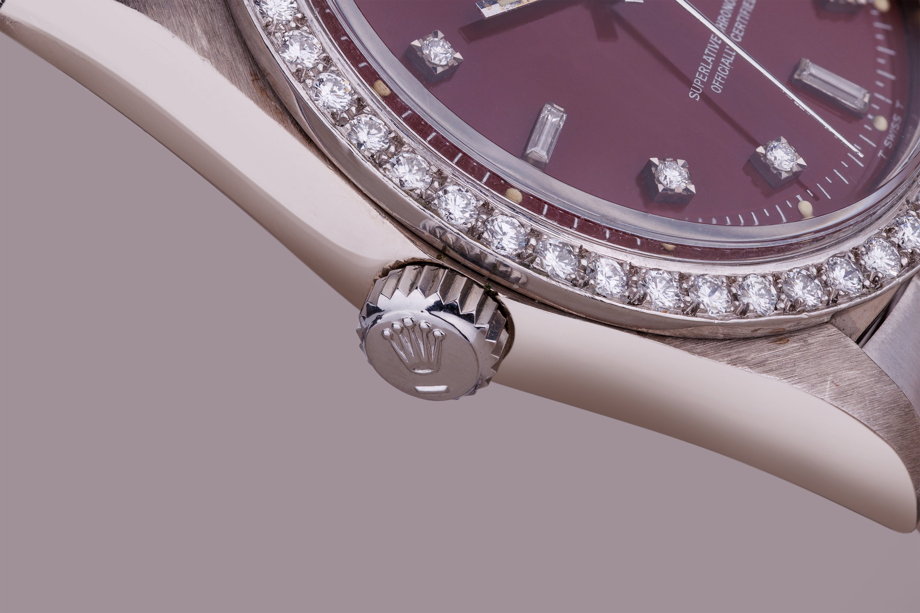 Ultra-Rare Left-Handed Rolex Day-Date | REF. 1804 | Oxblood Red 'Stella' Dial | Diamond Hours & Bezel | 18k White Gold | 1978