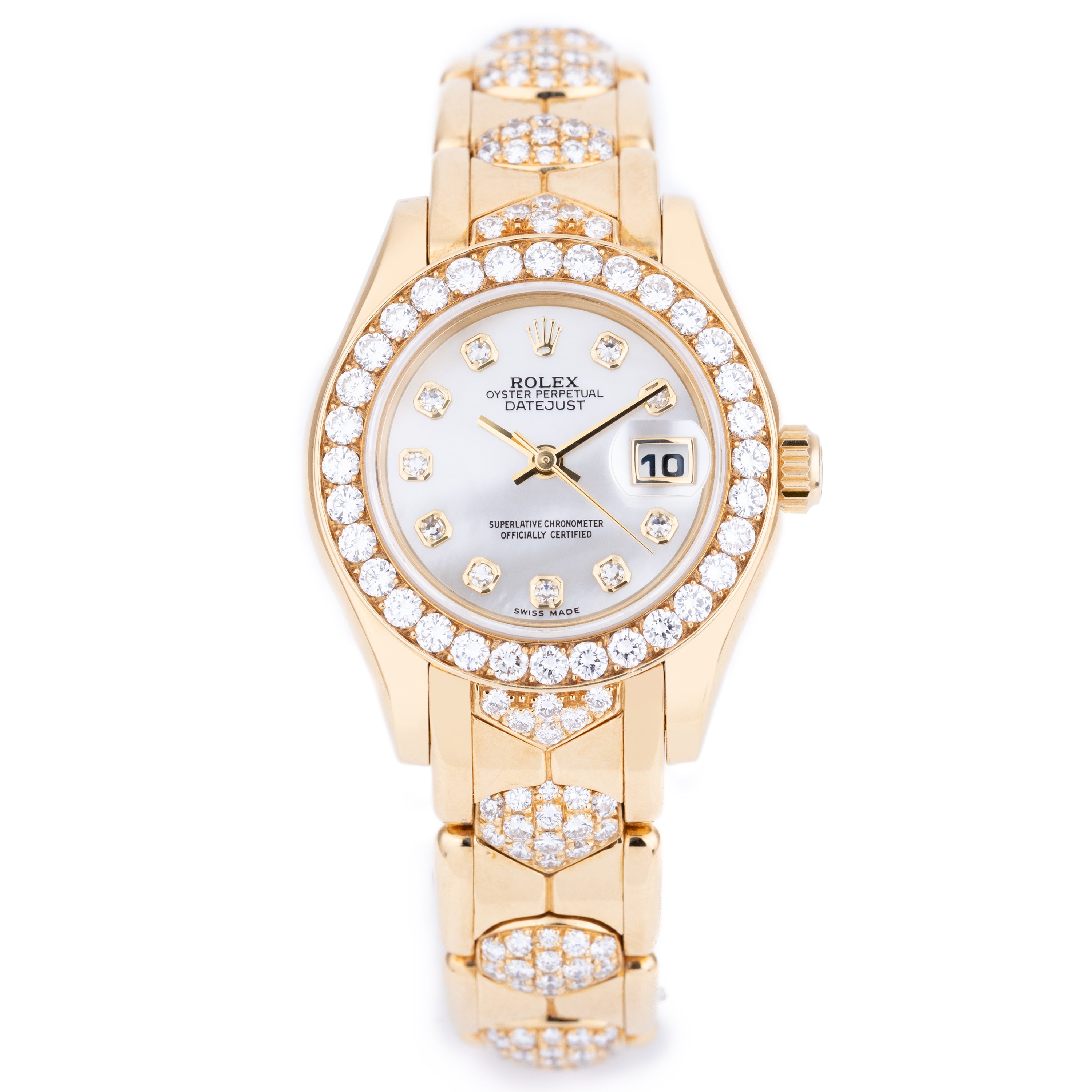 Rare Rolex Lady DateJust Pearlmaster | REF. 69298 | White Mother of Pearl Diamond Dial | Diamond Bezel & Bracelet | 18k Yellow Gold | 1995