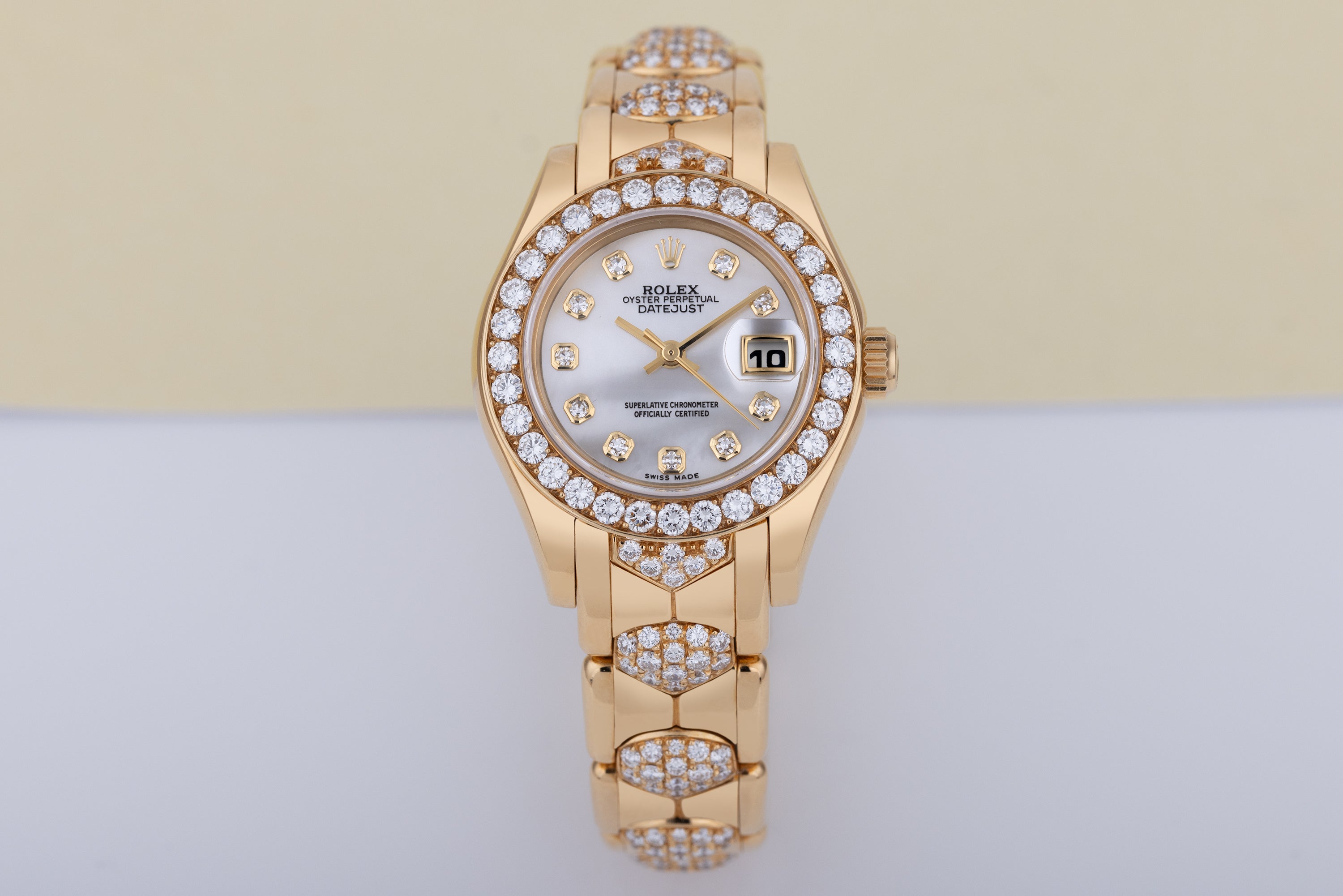 Rare Rolex Lady DateJust Pearlmaster | REF. 69298 | White Mother of Pearl Diamond Dial | Diamond Bezel & Bracelet | 18k Yellow Gold | 1995
