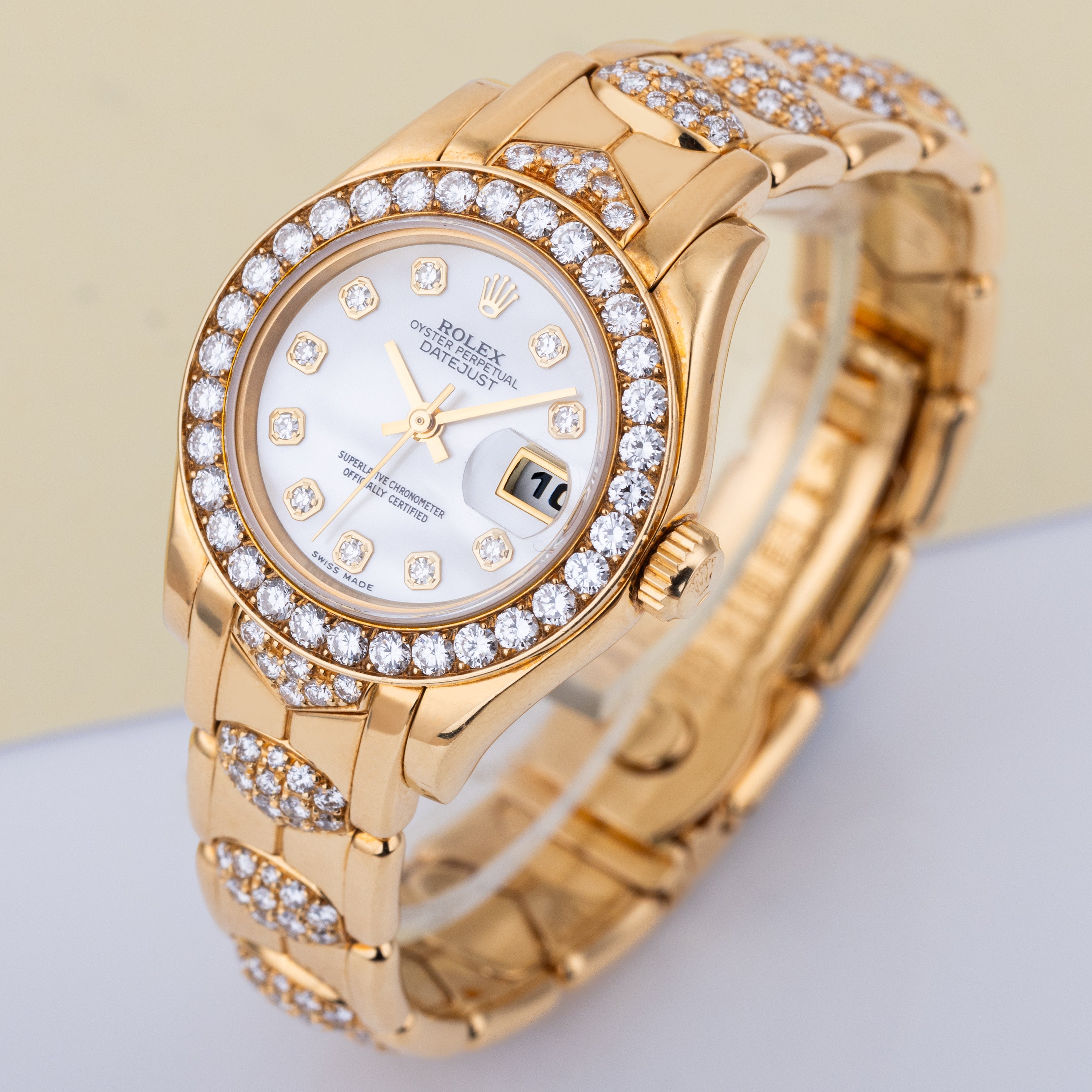 Rare Rolex Lady DateJust Pearlmaster | REF. 69298 | White Mother of Pearl Diamond Dial | Diamond Bezel & Bracelet | 18k Yellow Gold | 1995
