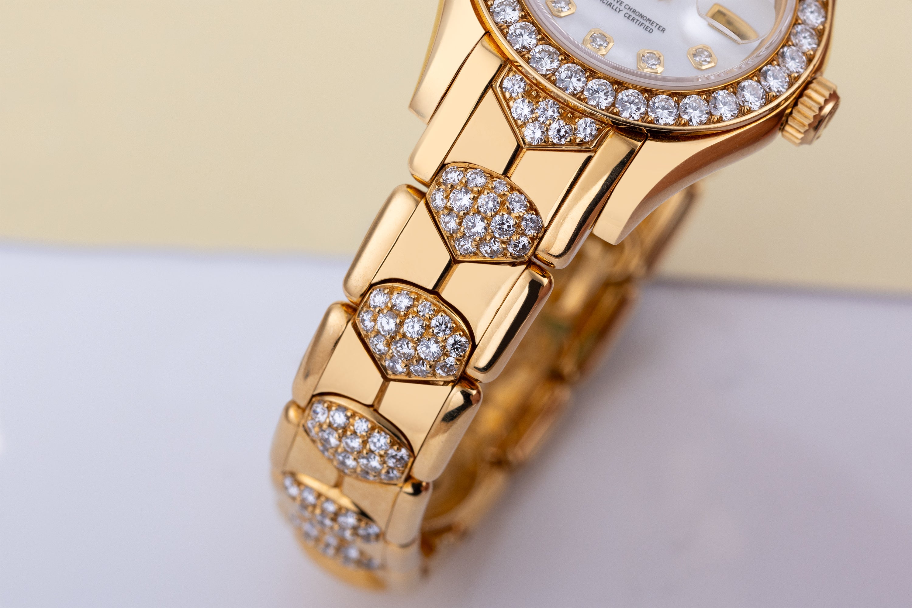 Rare Rolex Lady DateJust Pearlmaster | REF. 69298 | White Mother of Pearl Diamond Dial | Diamond Bezel & Bracelet | 18k Yellow Gold | 1995