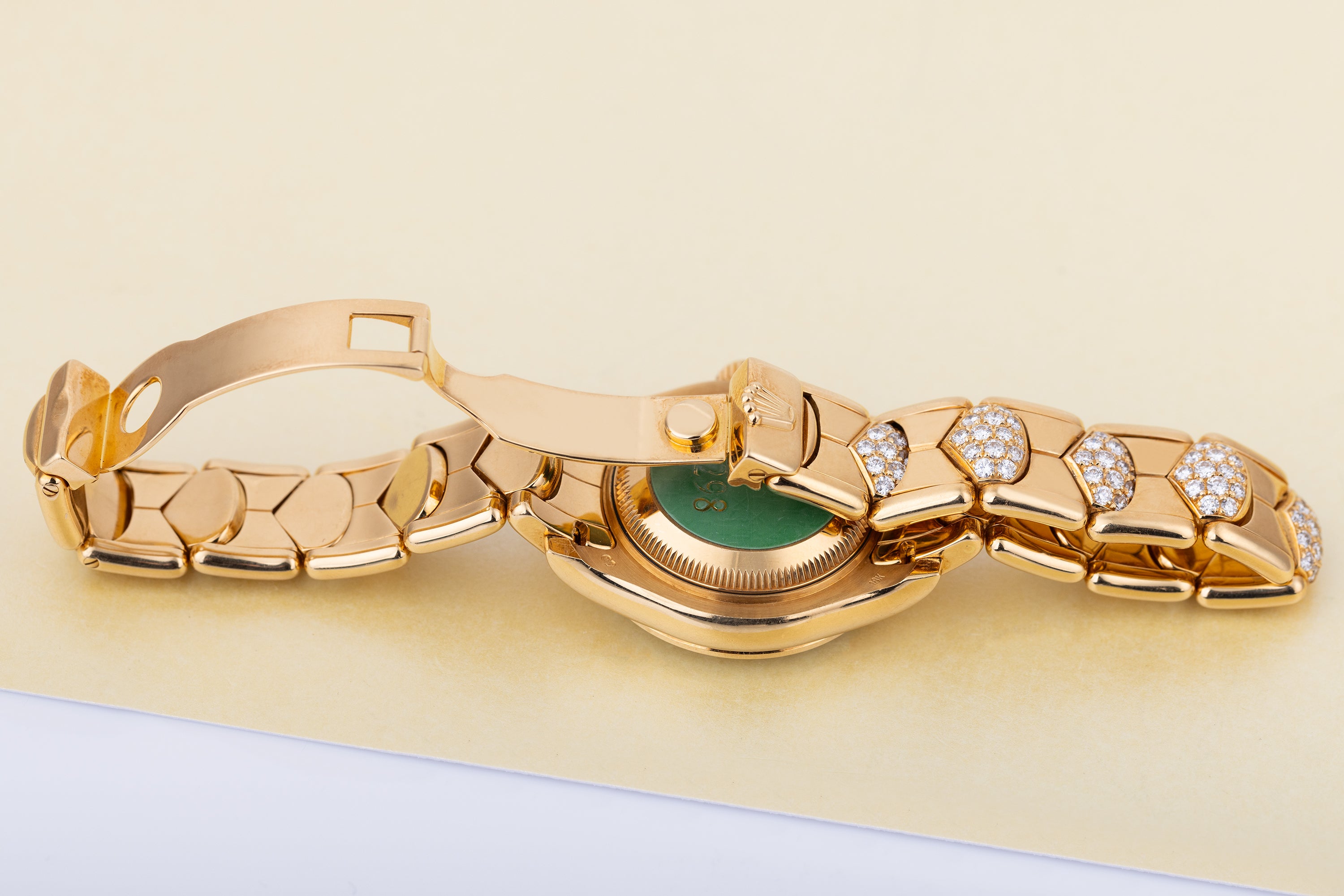 Rare Rolex Lady DateJust Pearlmaster | REF. 69298 | White Mother of Pearl Diamond Dial | Diamond Bezel & Bracelet | 18k Yellow Gold | 1995