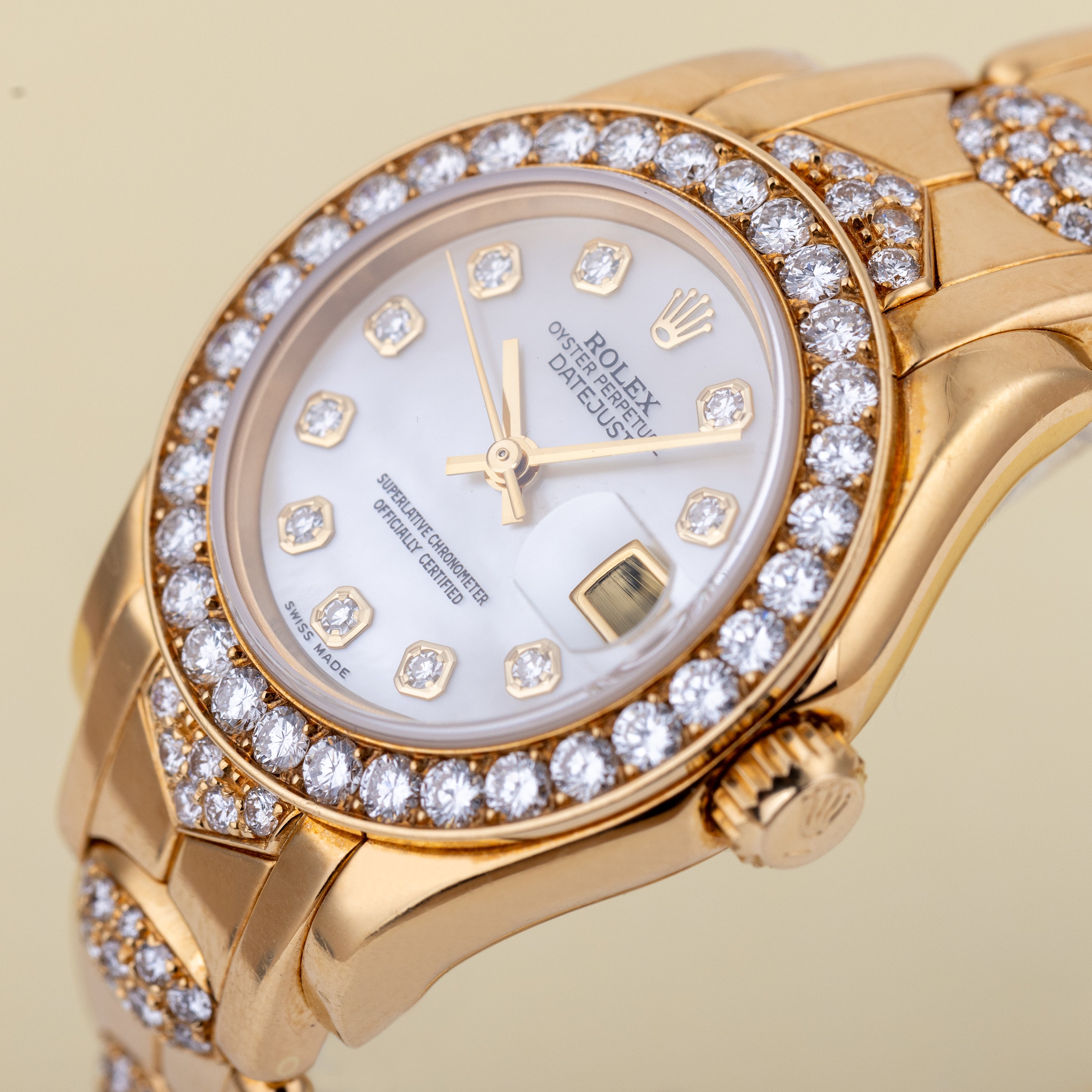 Rare Rolex Lady DateJust Pearlmaster | REF. 69298 | White Mother of Pearl Diamond Dial | Diamond Bezel & Bracelet | 18k Yellow Gold | 1995