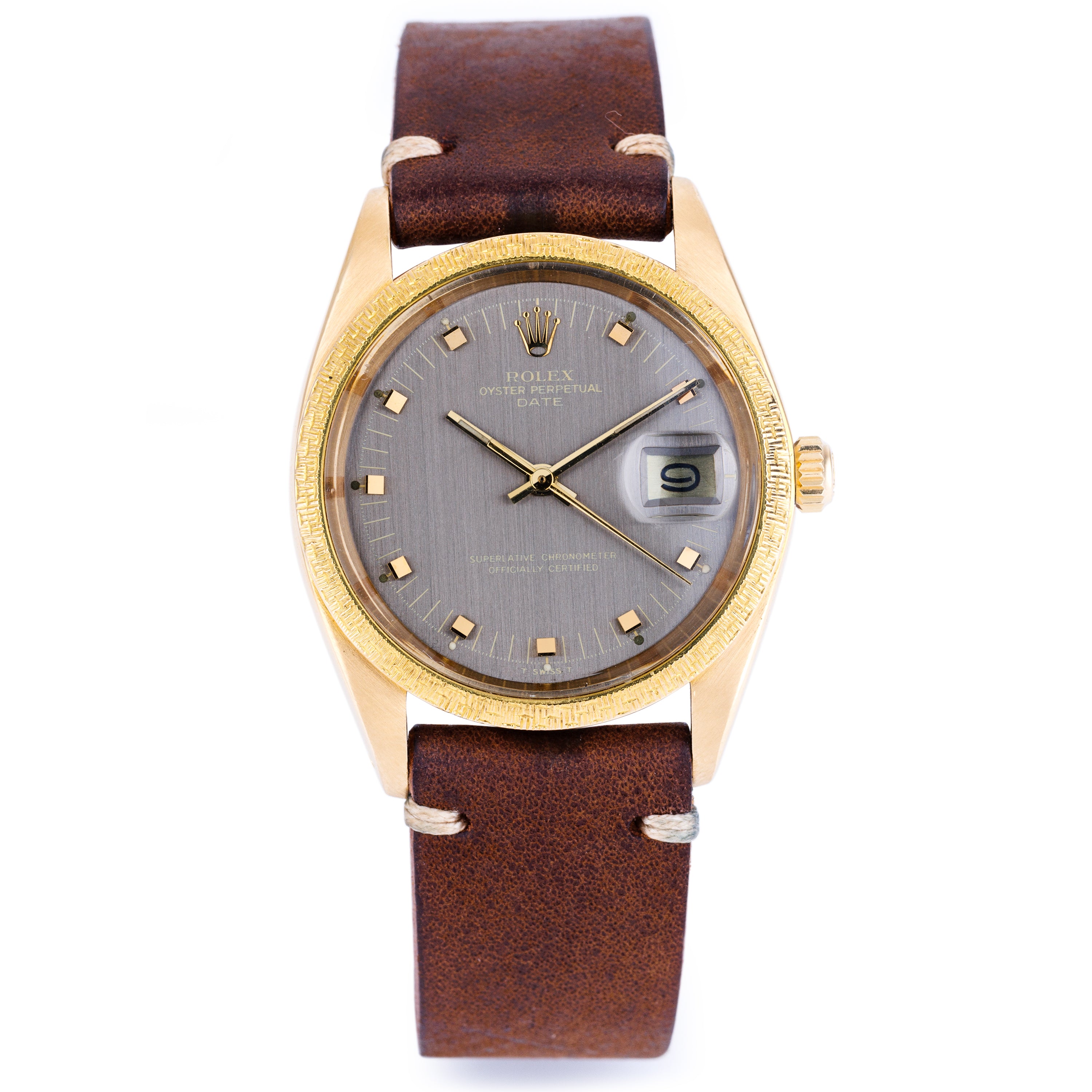 Rolex Date | REF. 1514 | Grey Dial | 34.5mm | 18k Yellow Gold | Unique Bezel | 1980