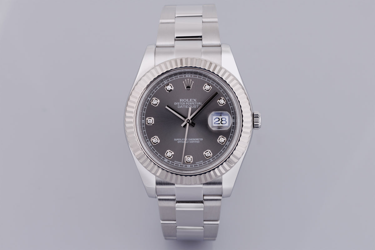 Rolex DateJust 41mm | REF. 116334 | Grey Rhodium Diamond Dial | Stainless Steel & 18k White Gold | Box & Papers | 2015