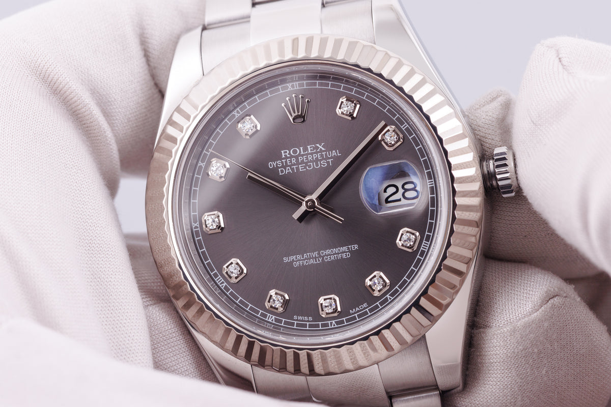 Rolex DateJust 41mm | REF. 116334 | Grey Rhodium Diamond Dial | Stainless Steel & 18k White Gold | Box & Papers | 2015