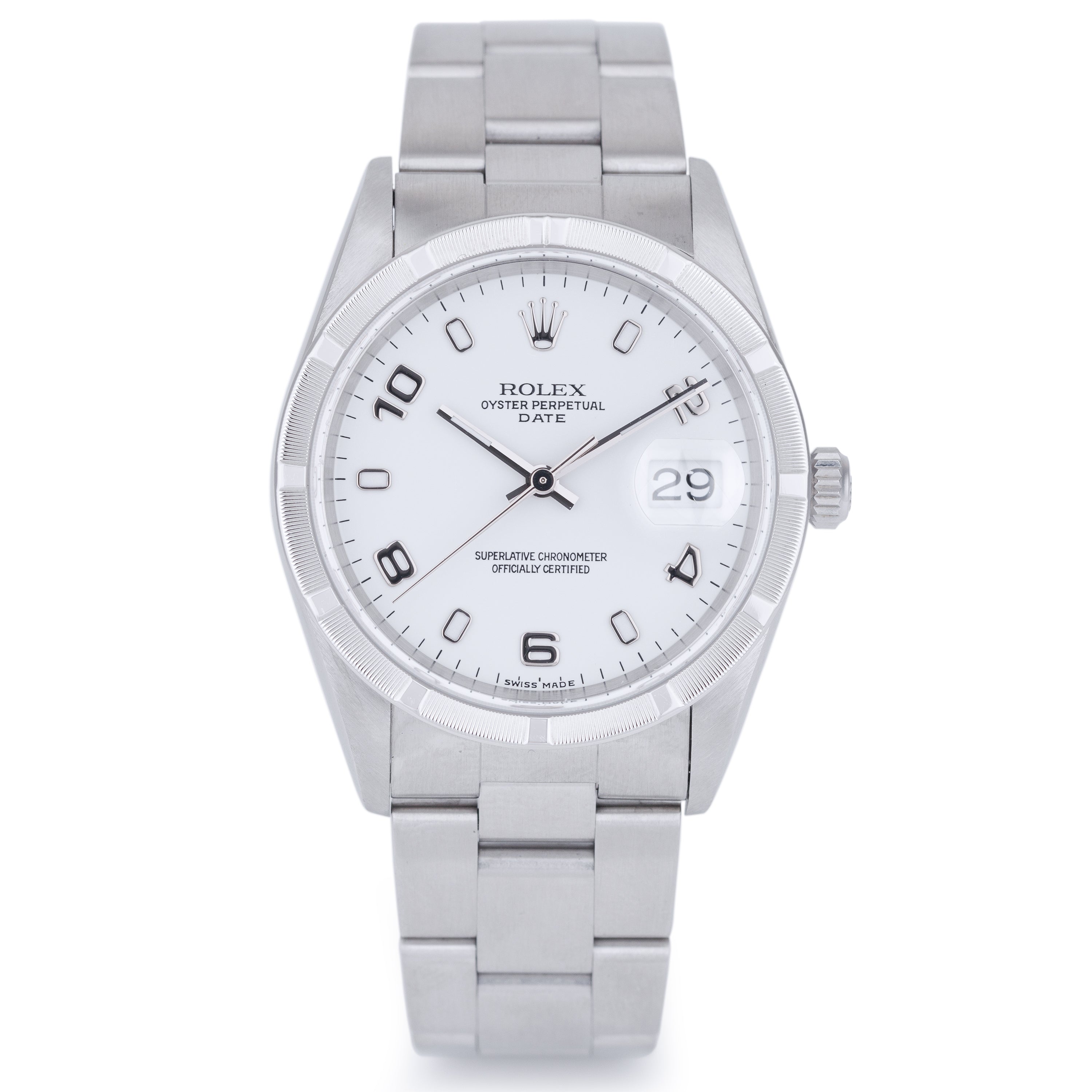 Rolex Date 34mm | REF. 15210 | White Dial | Engine Turned Bezel | Stainless Steel | 2001