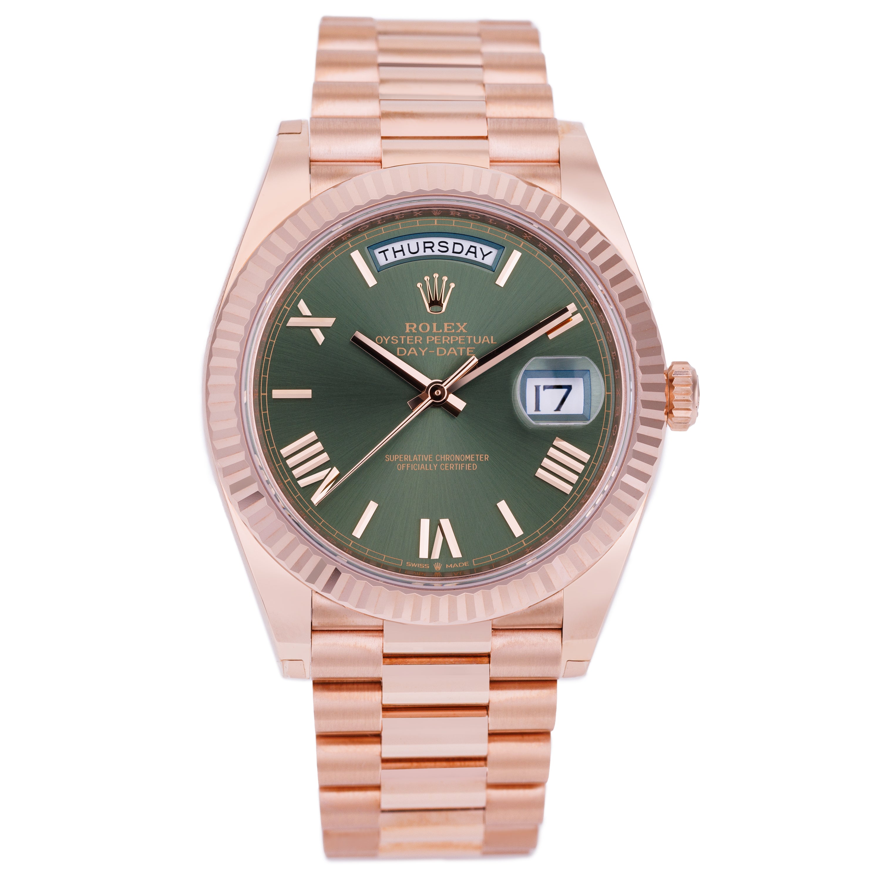 Unworn Rolex Day-Date | REF. 228235 | Olive Green Dial | 18k Rose Gold | 40mm | Box & Papers | 2022
