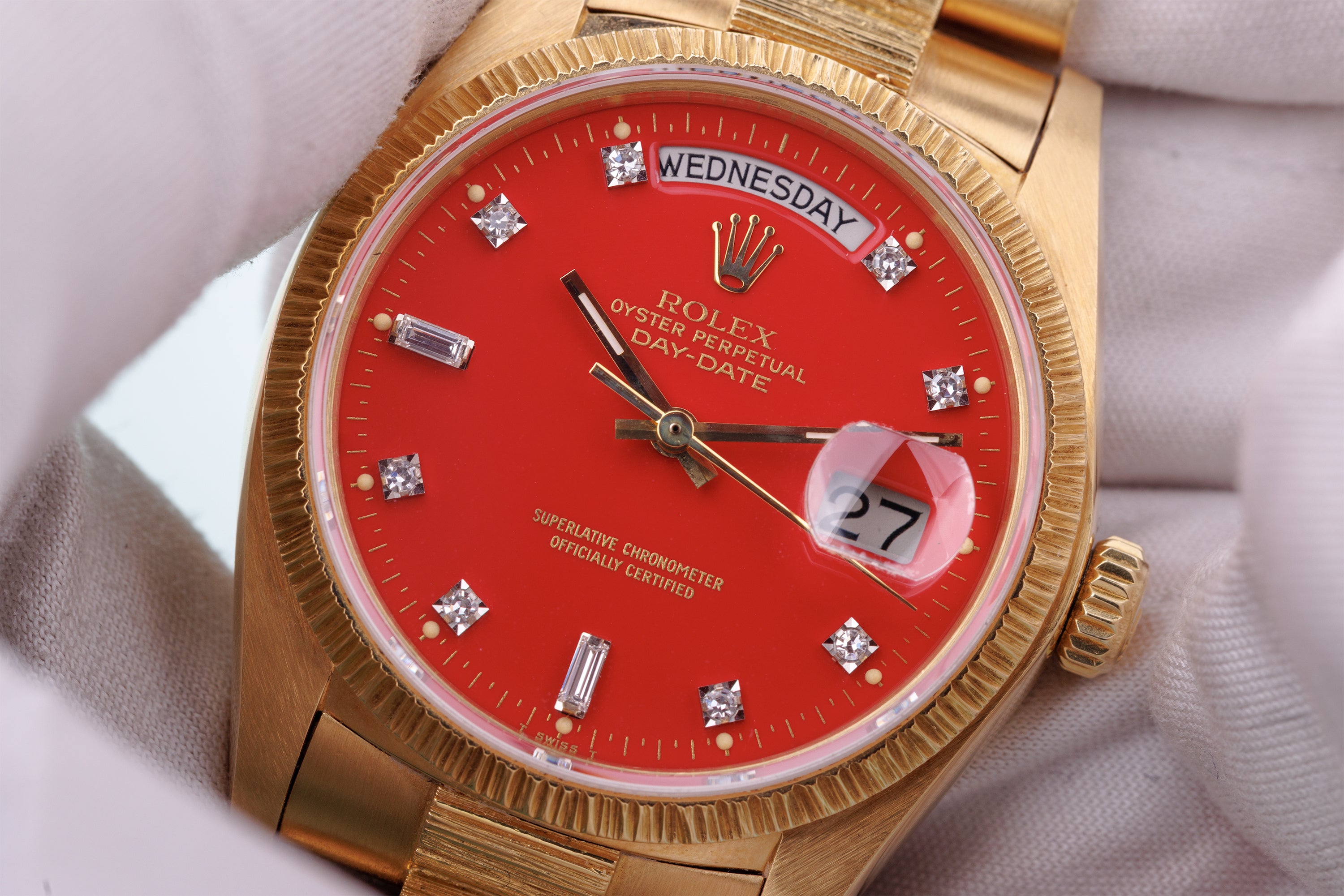 Rolex Day-Date | REF. 18078 | Cherry Red 'Stella' Diamond Dial | Bark Finish | 18k Yellow Gold | 1979